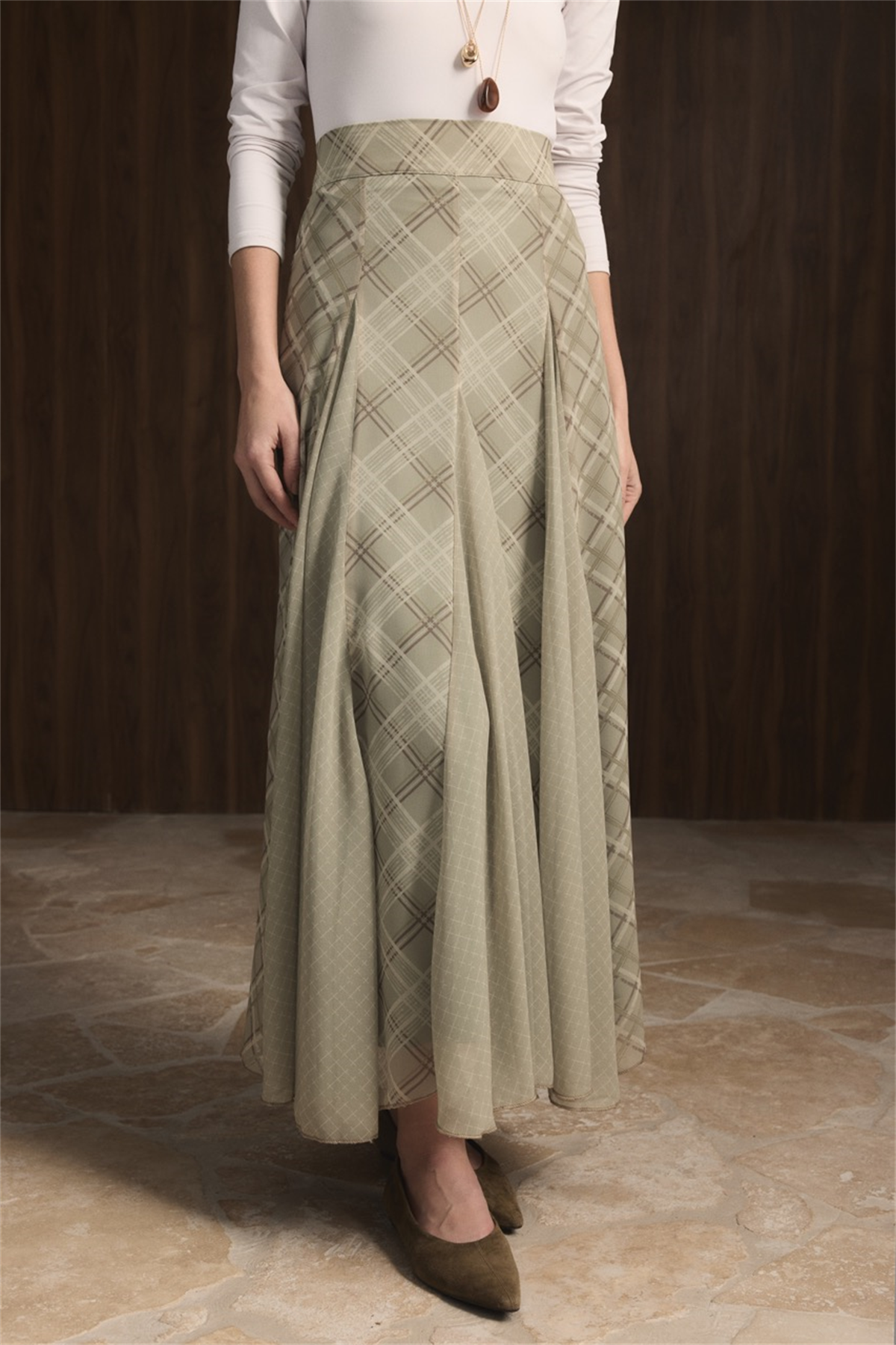 Ekose Şifon Baskılı Etek - Haki