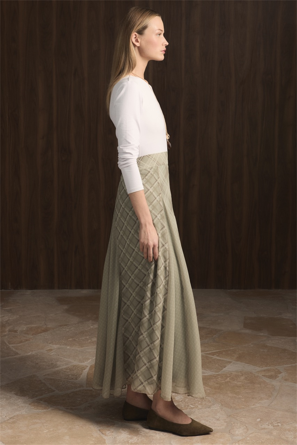 Ekose Şifon Baskılı Etek - Haki