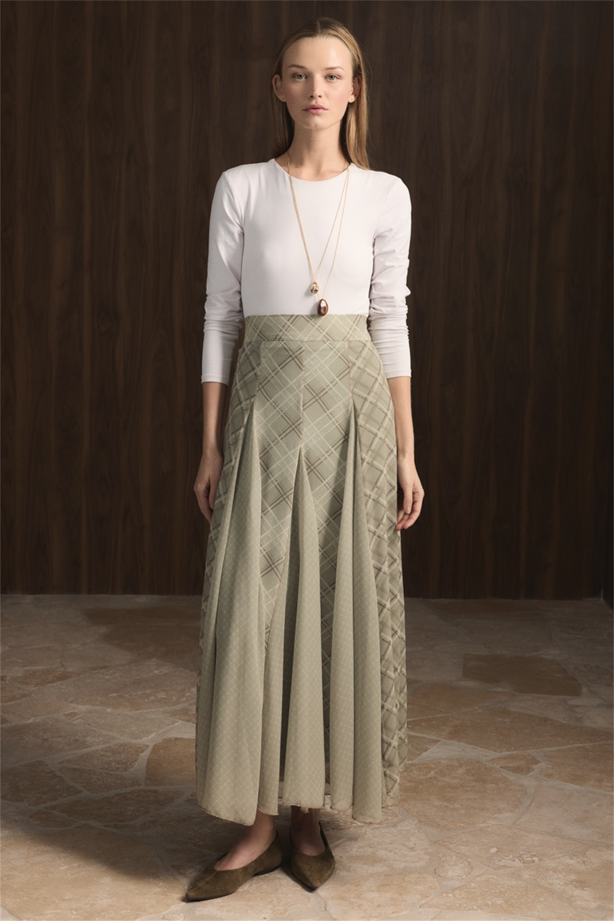 Ekose Şifon Baskılı Etek - Haki