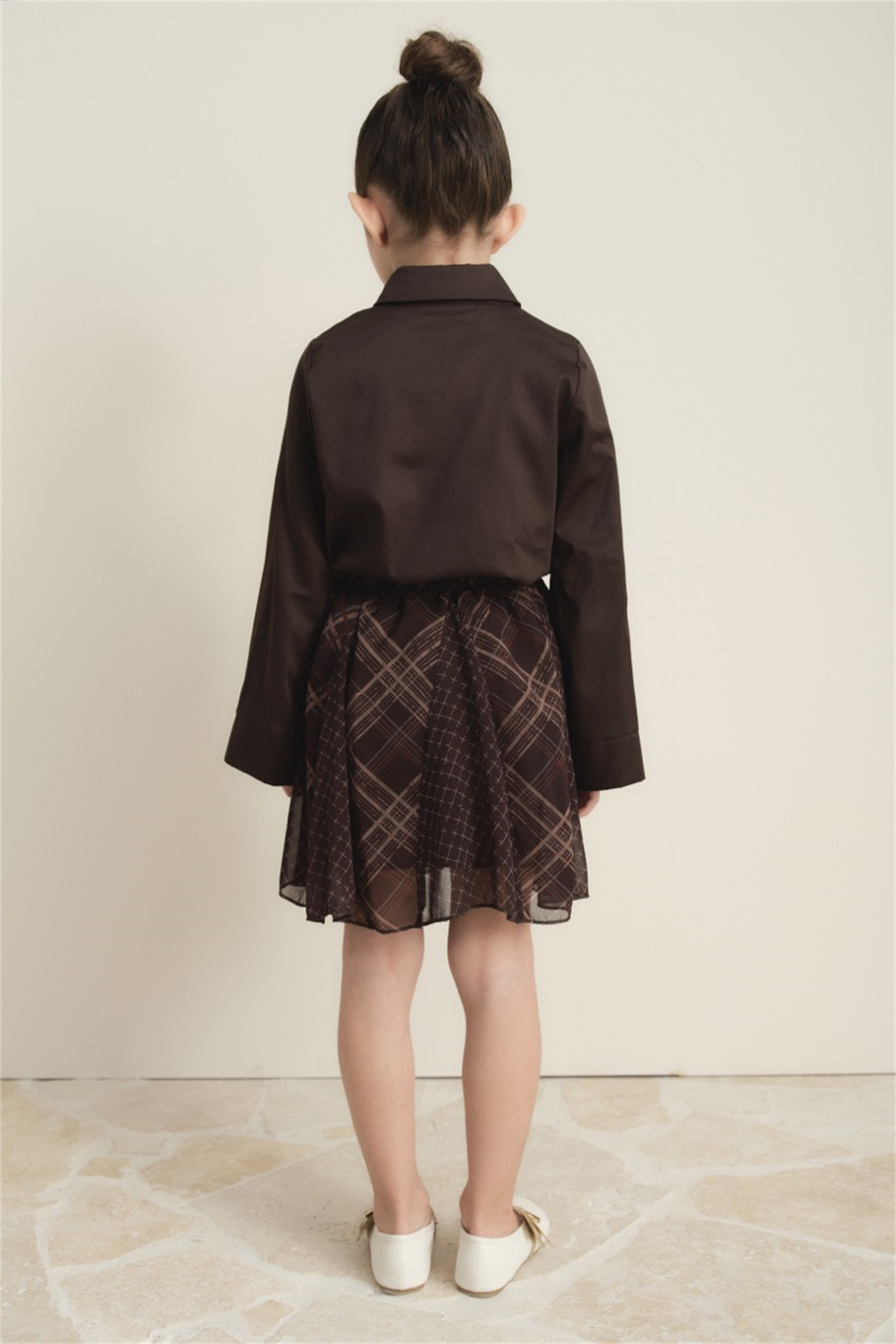 Ekose Şifon Baskılı Etek - Kahve