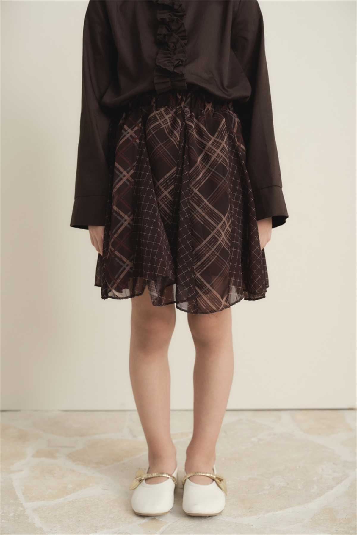 Ekose Şifon Baskılı Etek - Kahve