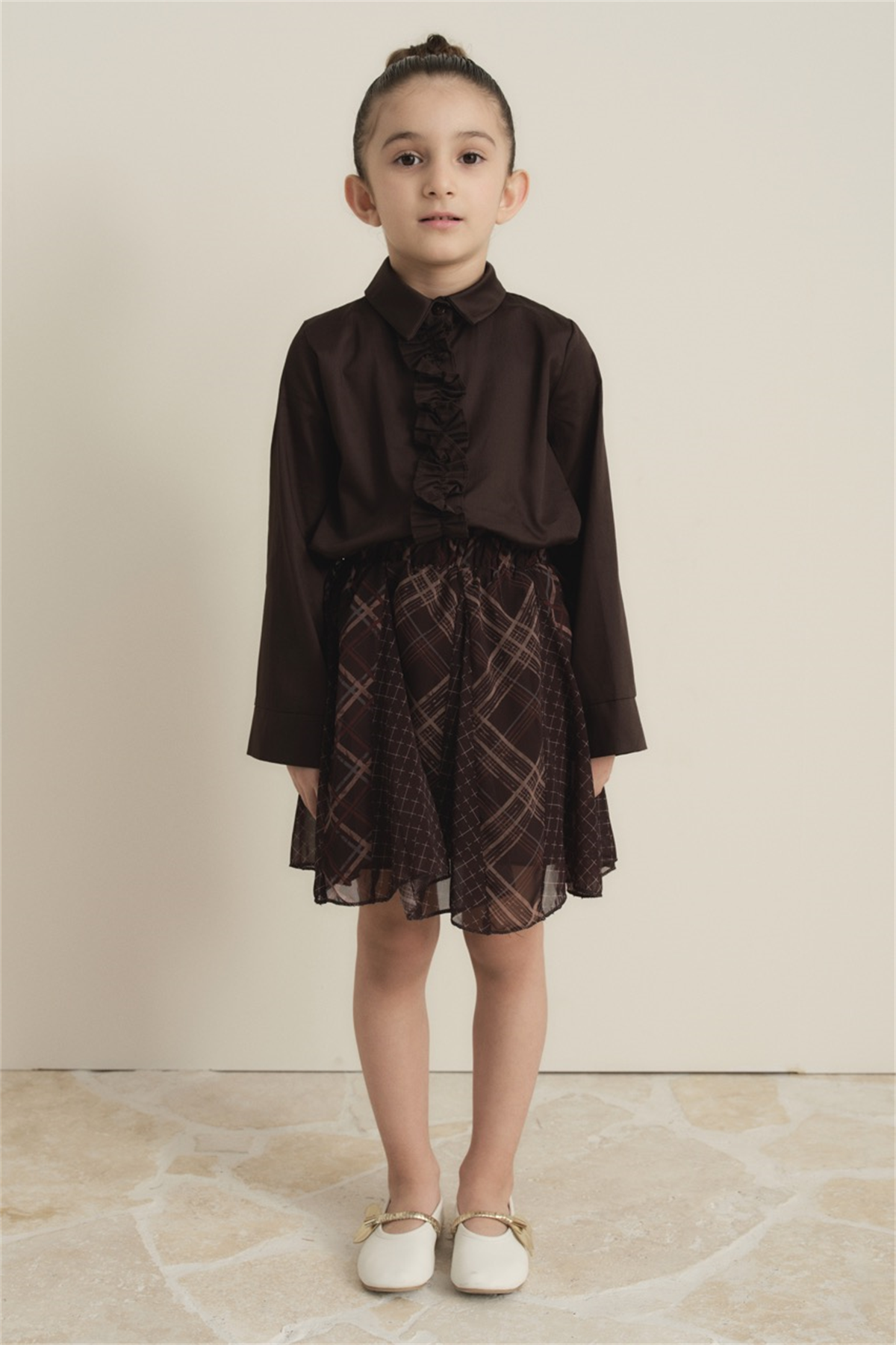 Ekose Şifon Baskılı Etek - Kahve