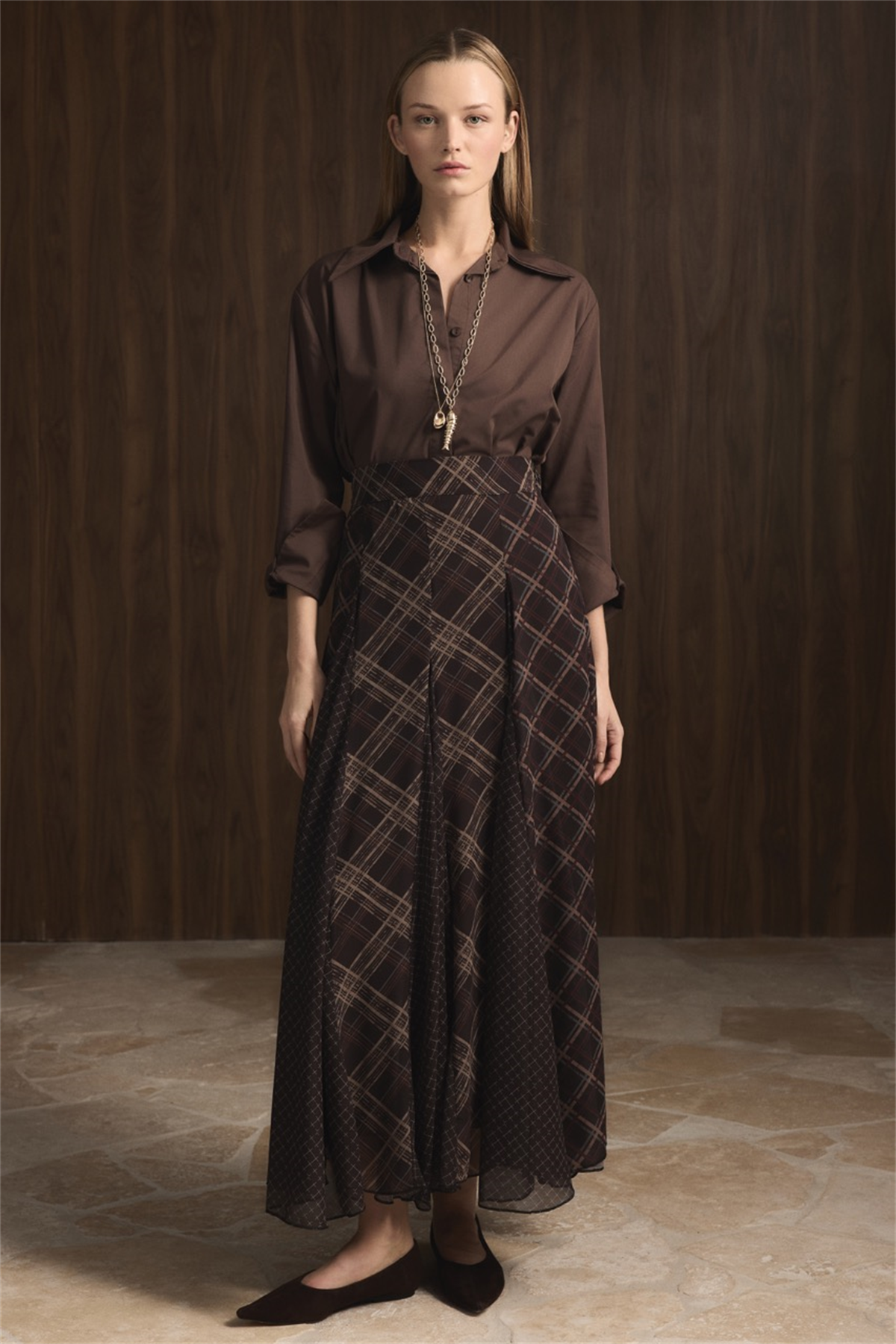 Ekose Şifon Baskılı Etek - Kahve