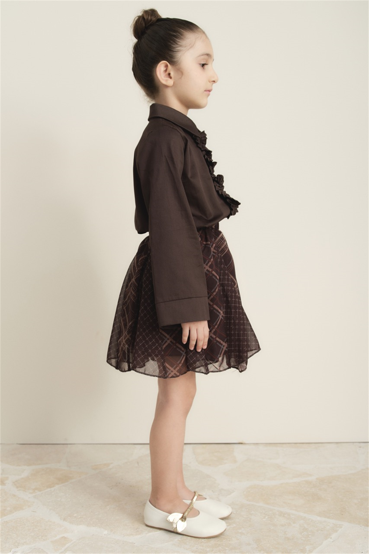 Ekose Şifon Baskılı Etek - Kahve