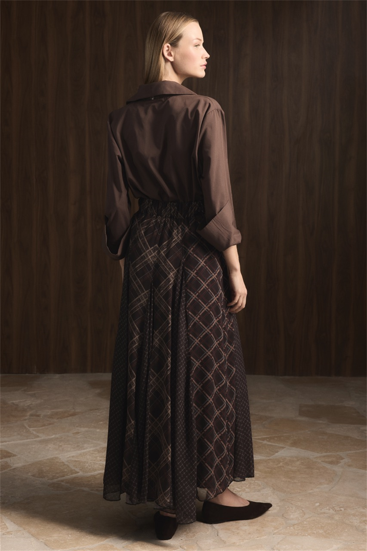 Ekose Şifon Baskılı Etek - Kahve