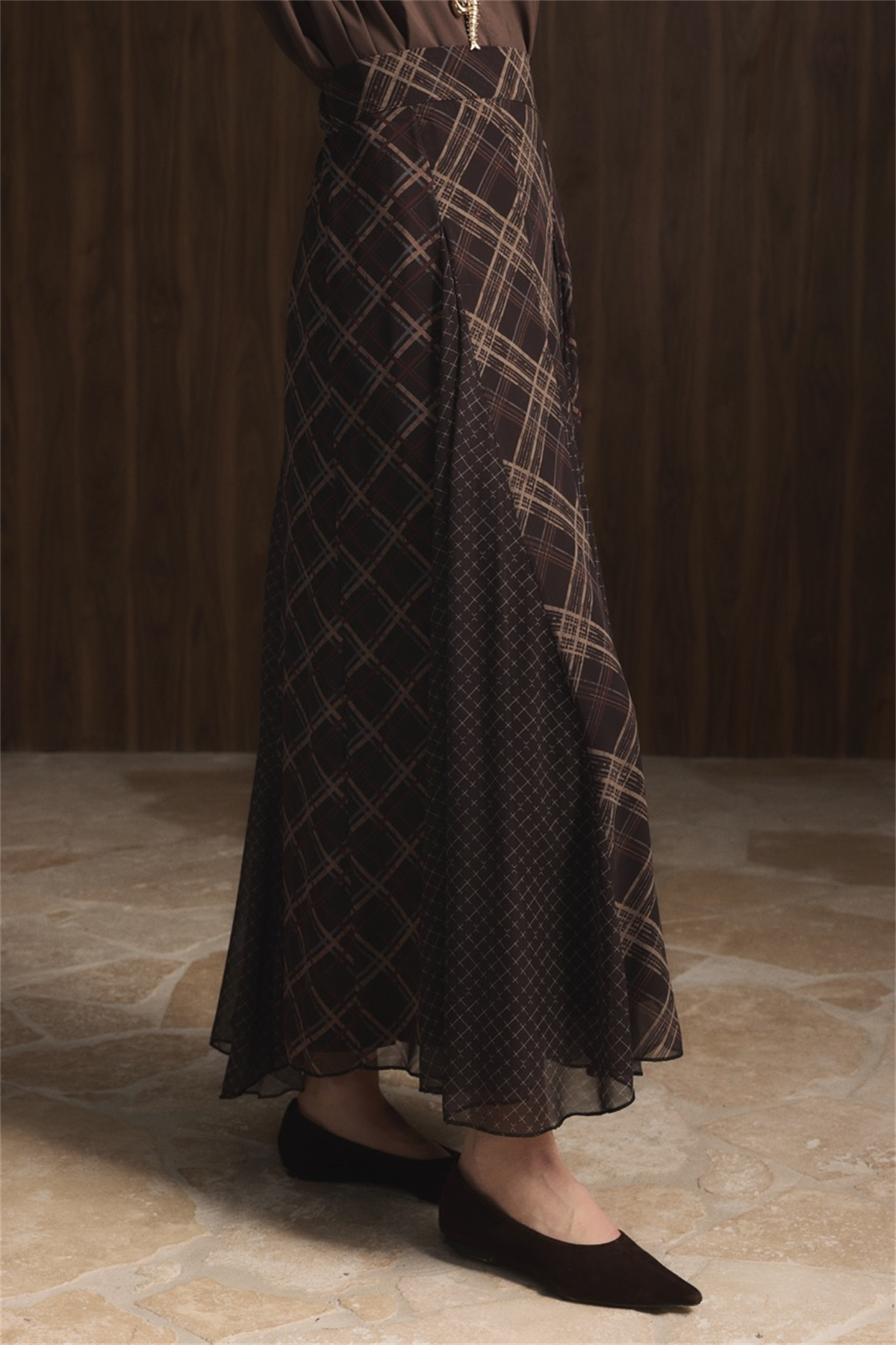 Ekose Şifon Baskılı Etek - Kahve