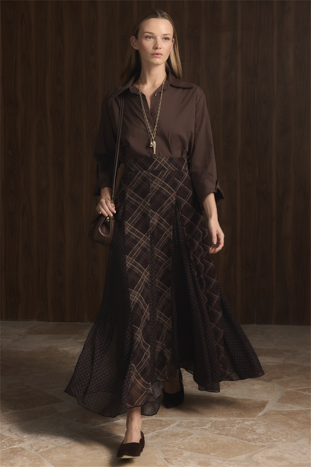 Ekose Şifon Baskılı Etek - Kahve