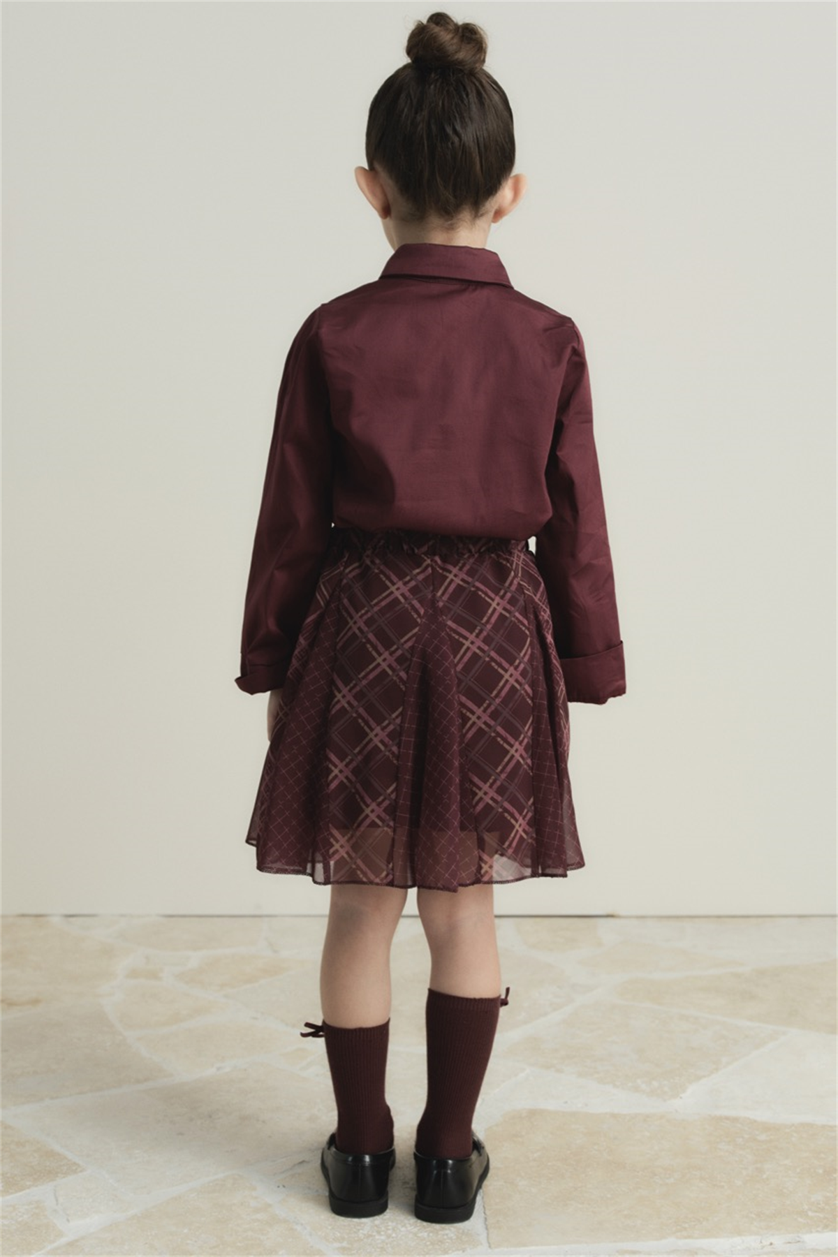 Ekose Şifon Baskılı Etek - Mürdüm