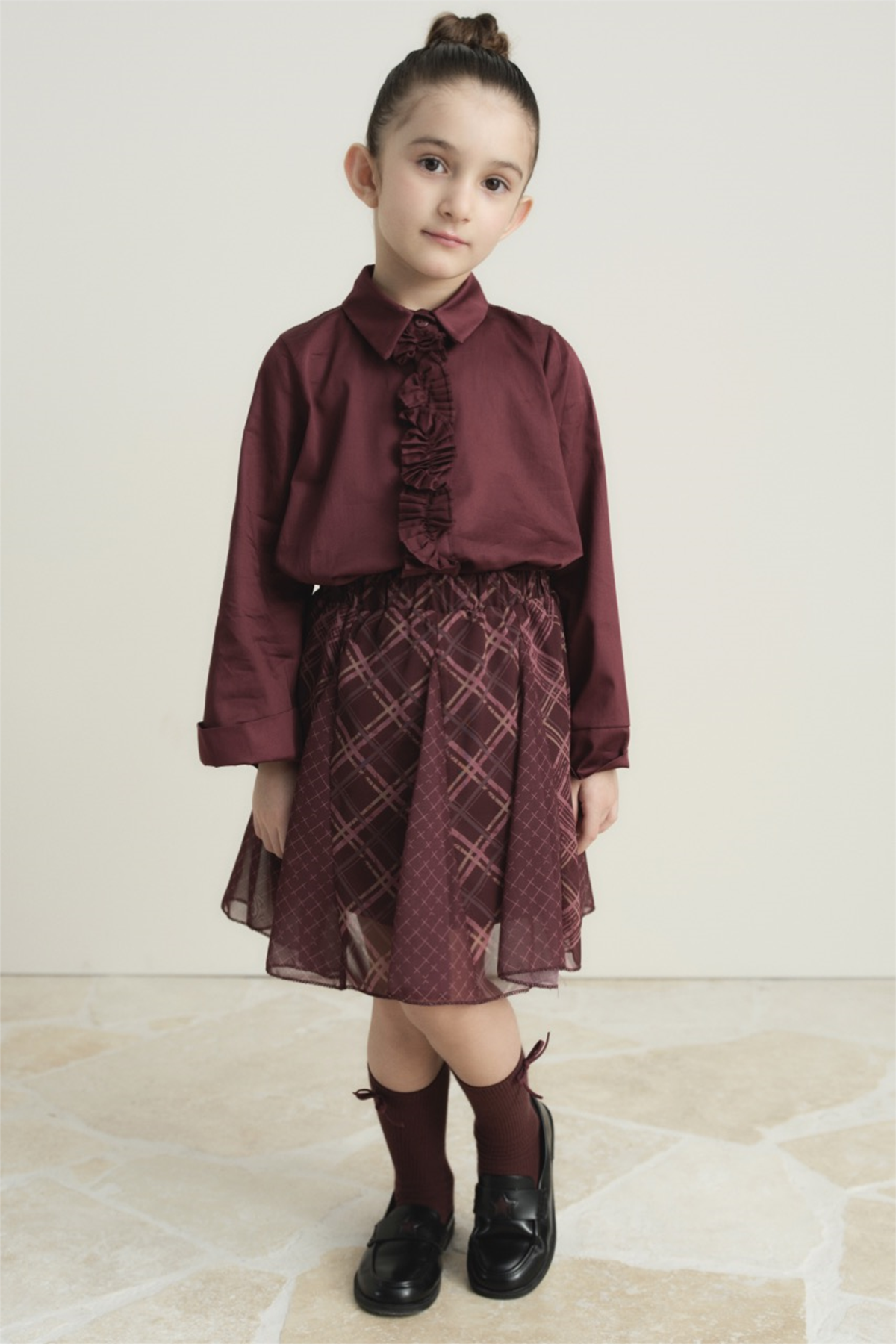 Ekose Şifon Baskılı Etek - Mürdüm