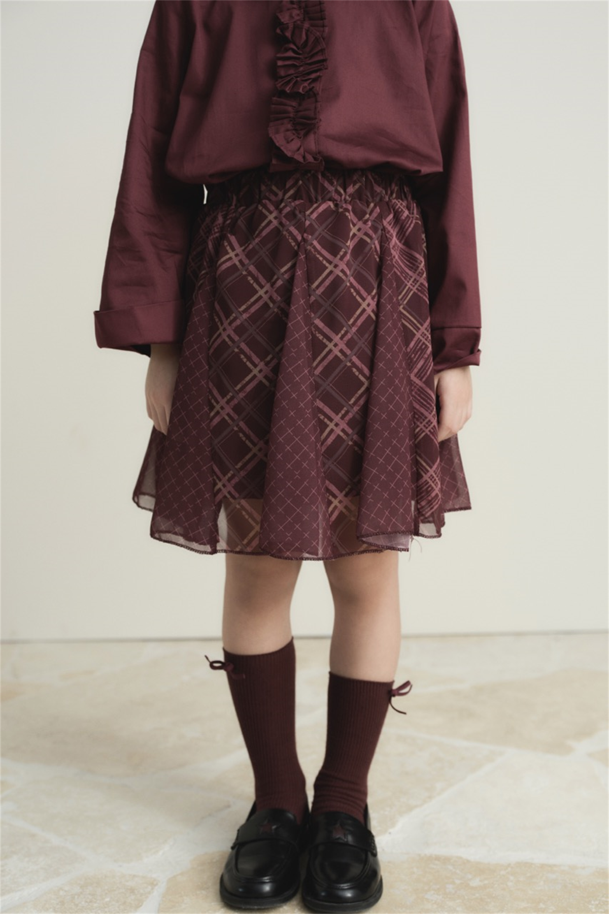 Ekose Şifon Baskılı Etek - Mürdüm