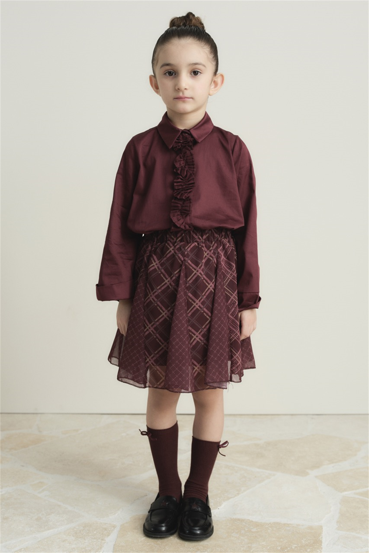 Ekose Şifon Baskılı Etek - Mürdüm