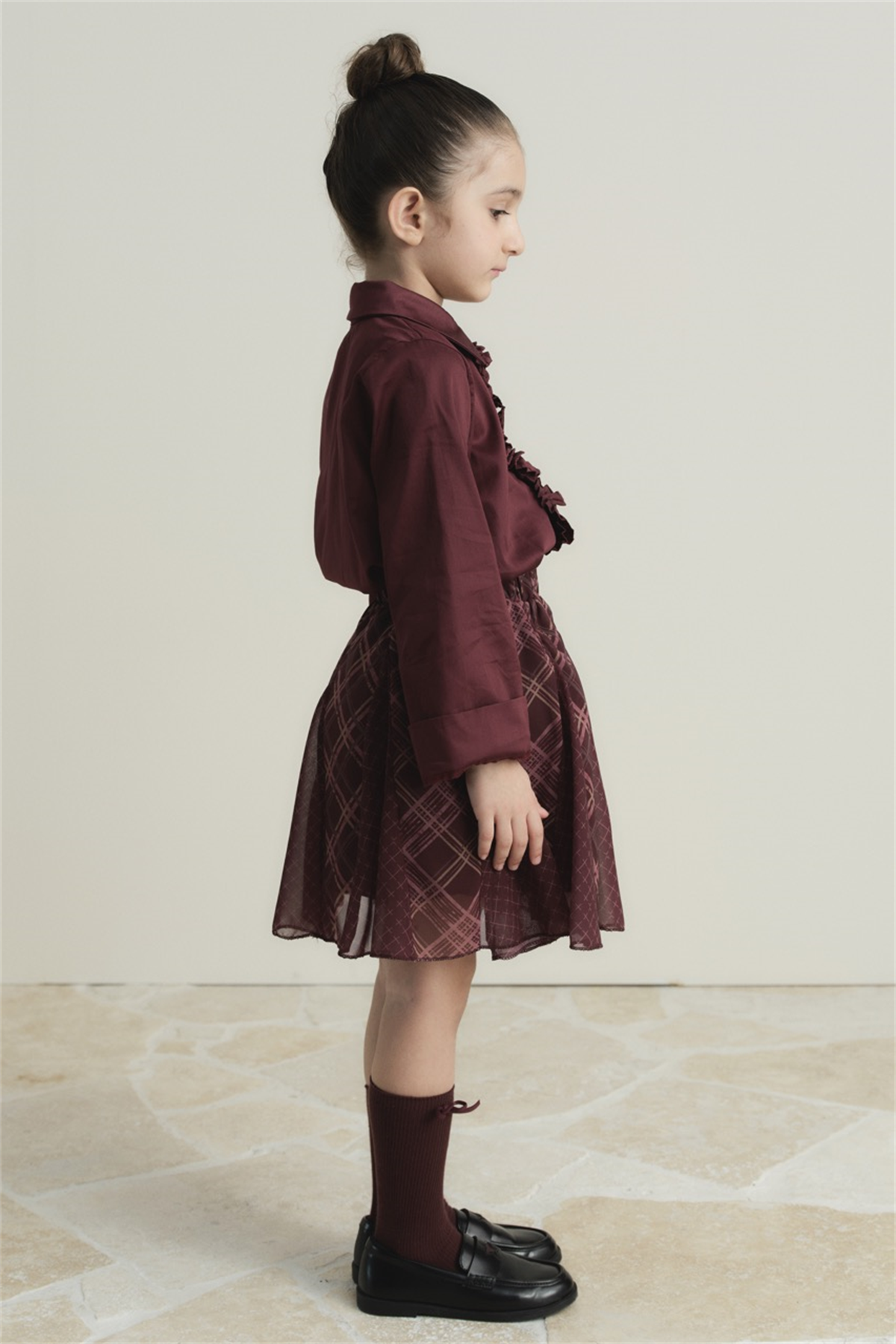 Ekose Şifon Baskılı Etek - Mürdüm