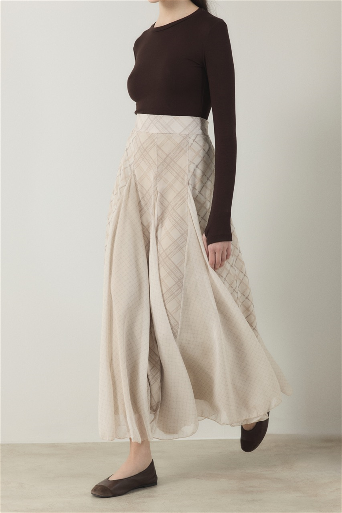 Ekose Şifon Baskılı Etek - Taş