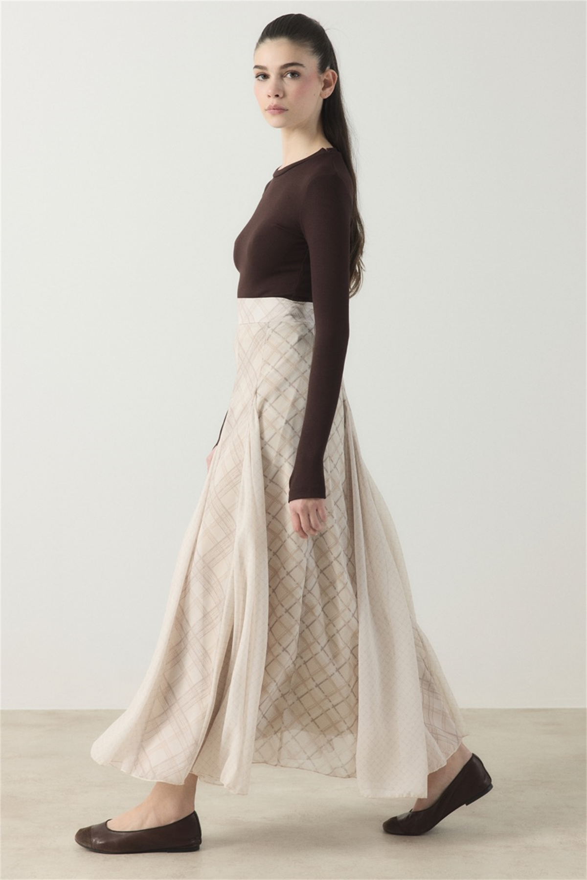 Ekose Şifon Baskılı Etek - Taş