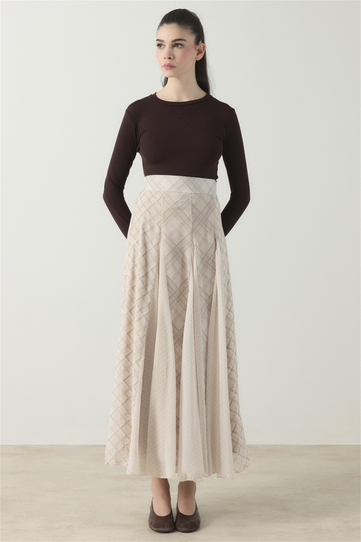 Ekose Şifon Baskılı Etek - Taş