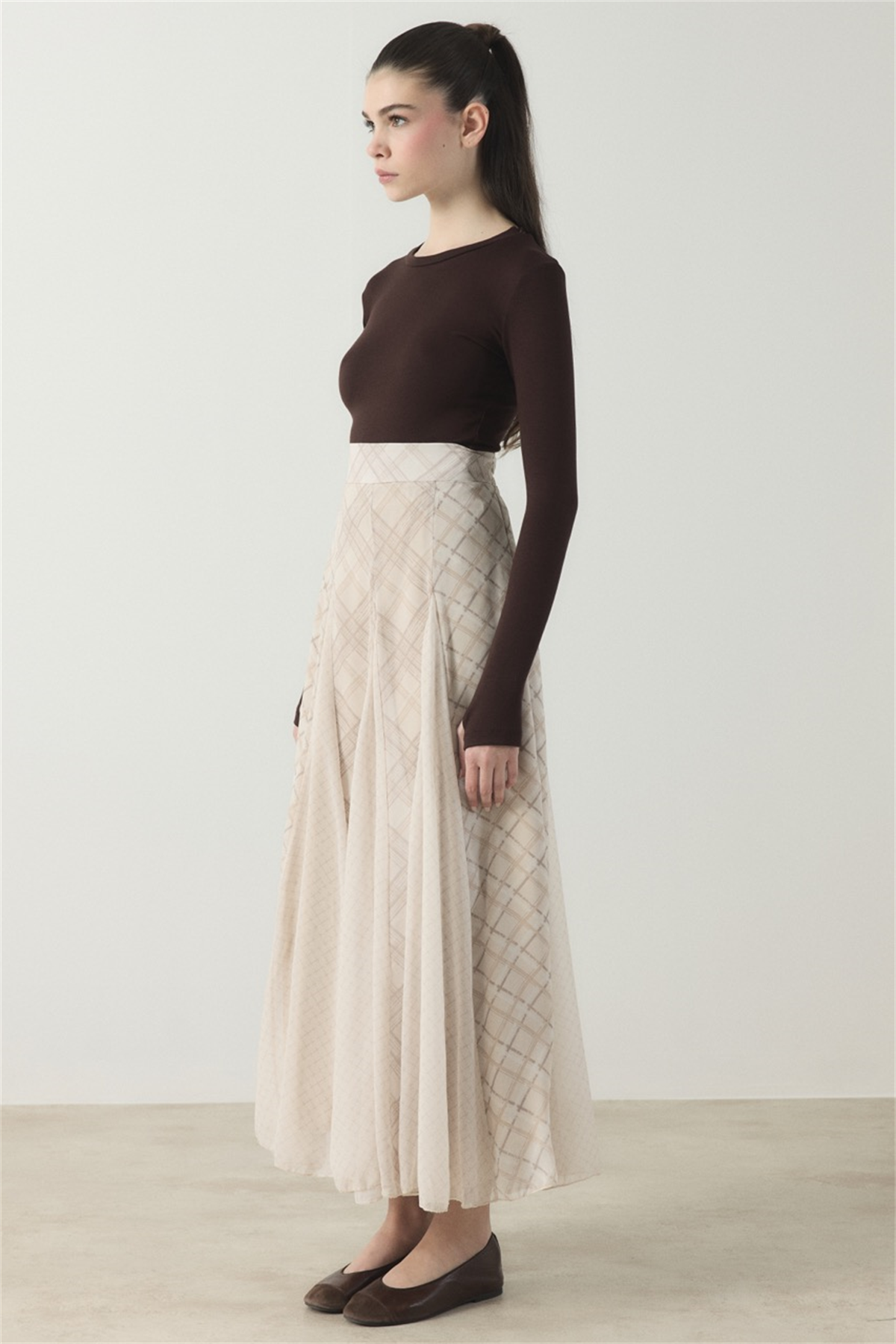 Ekose Şifon Baskılı Etek - Taş