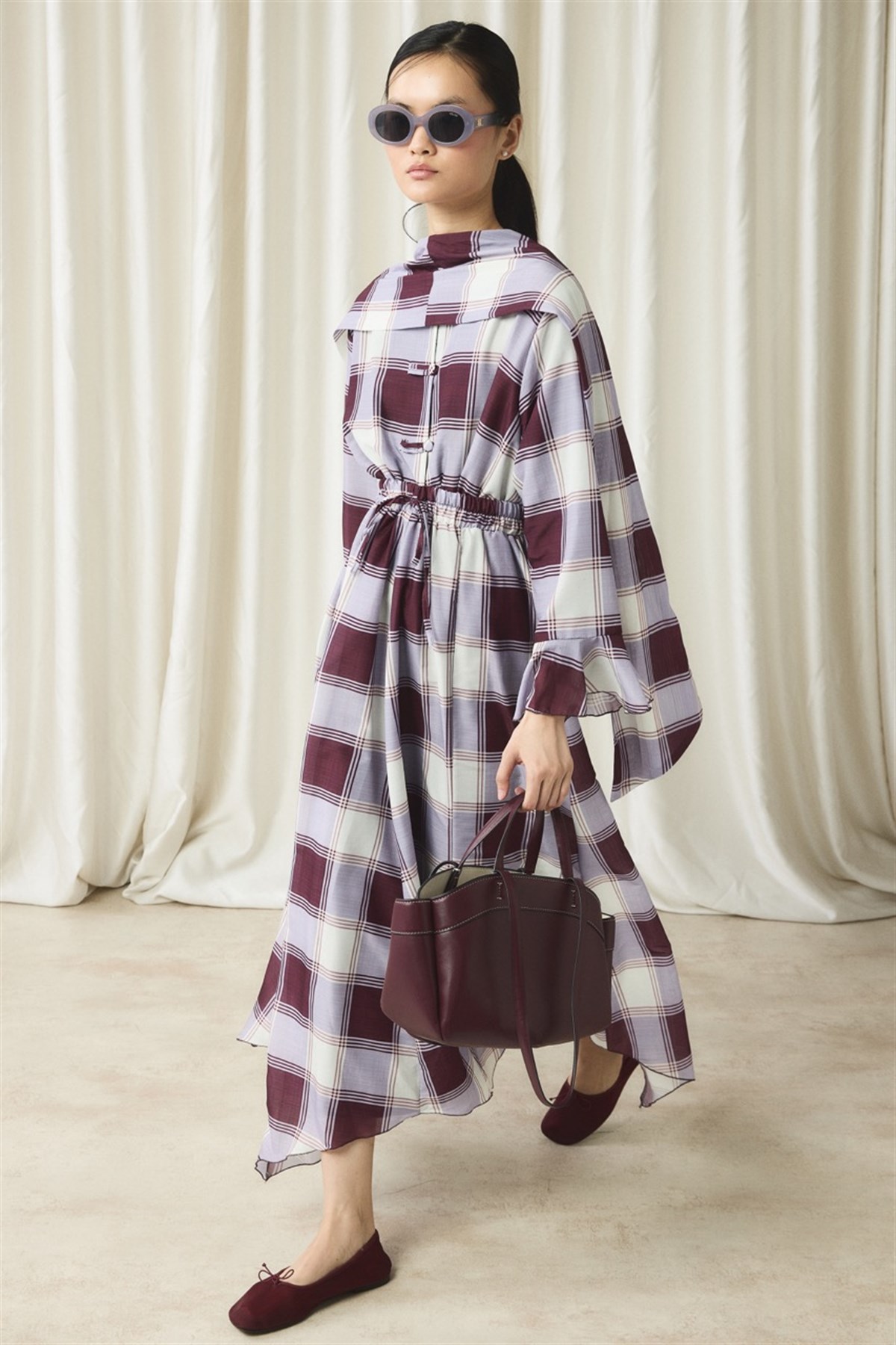 Ekose Yaka Detay Vual Etek Takım - Bordo