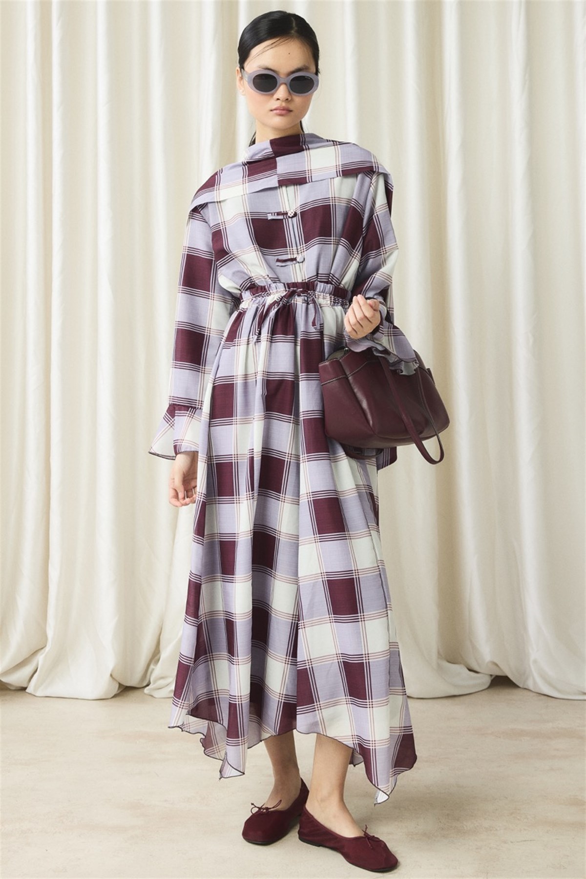 Ekose Yaka Detay Vual Etek Takım - Bordo