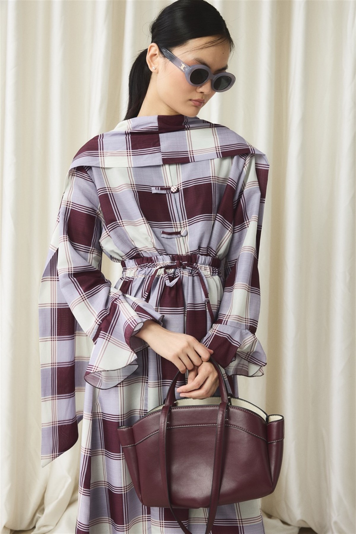 Ekose Yaka Detay Vual Etek Takım - Bordo