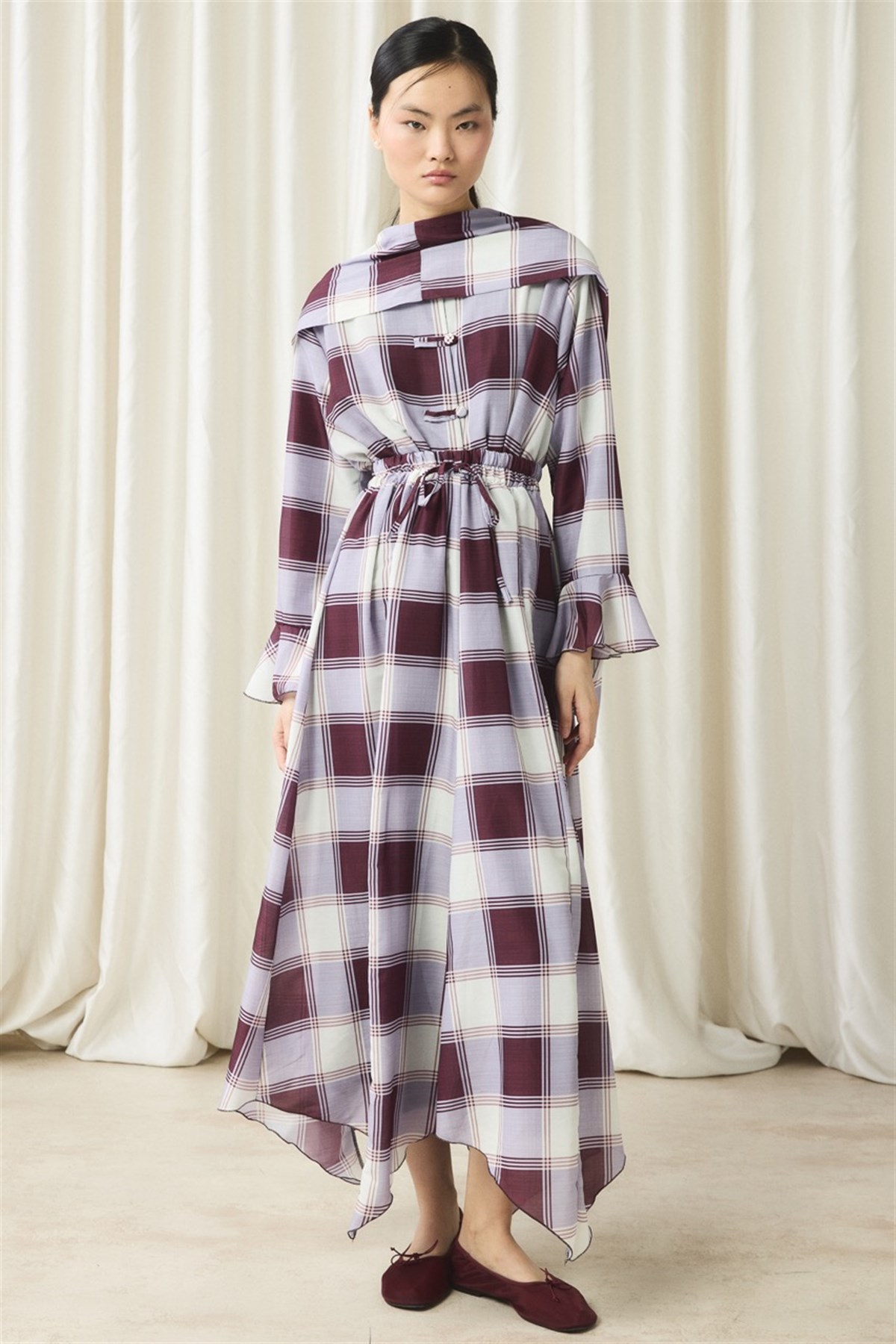 Ekose Yaka Detay Vual Etek Takım - Bordo