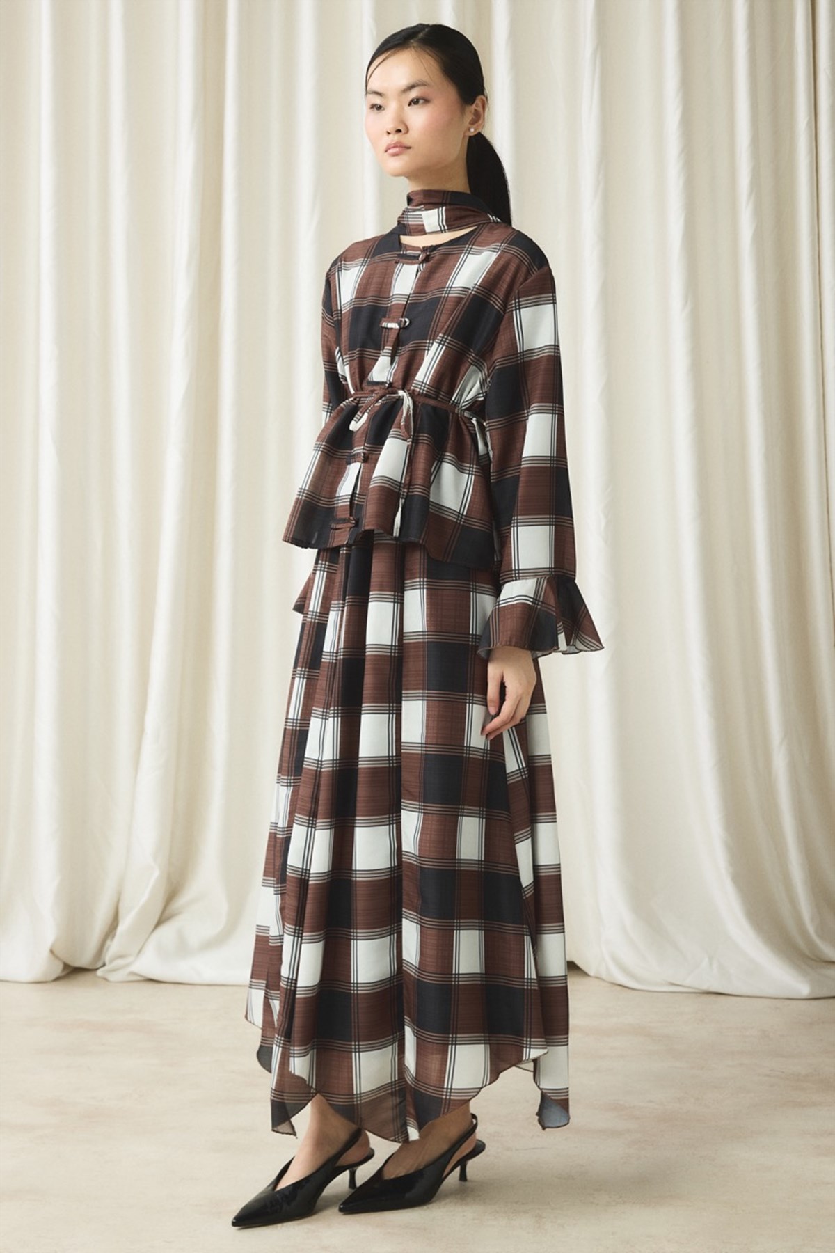 Ekose Yaka Detay Vual Etek Takım - Kahve