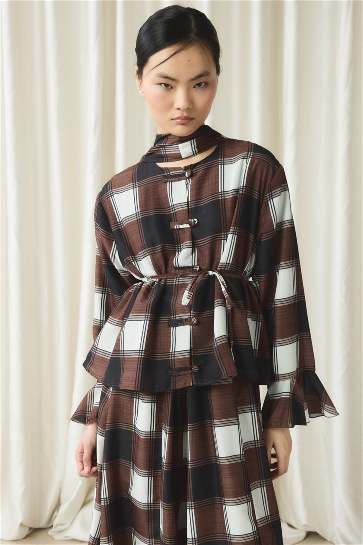 Ekose Yaka Detay Vual Etek Takım - Kahve