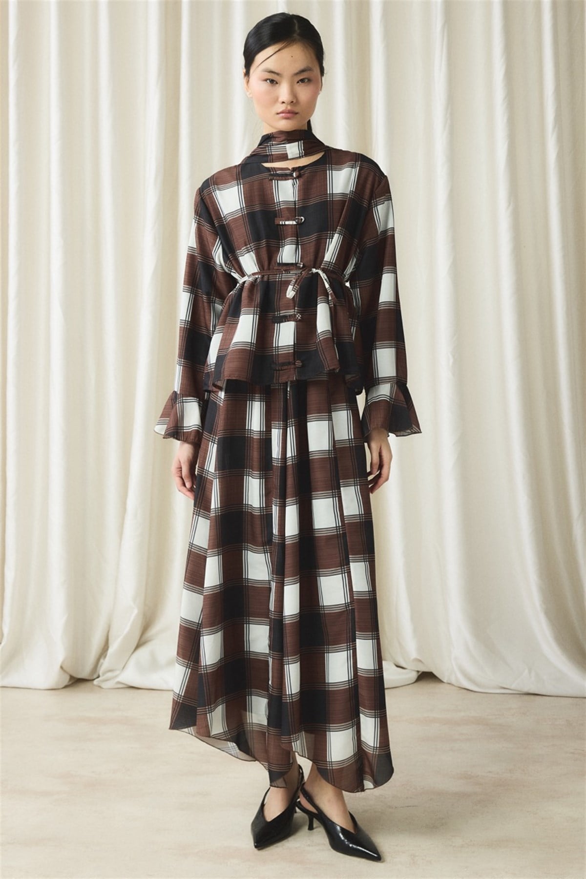 Ekose Yaka Detay Vual Etek Takım - Kahve