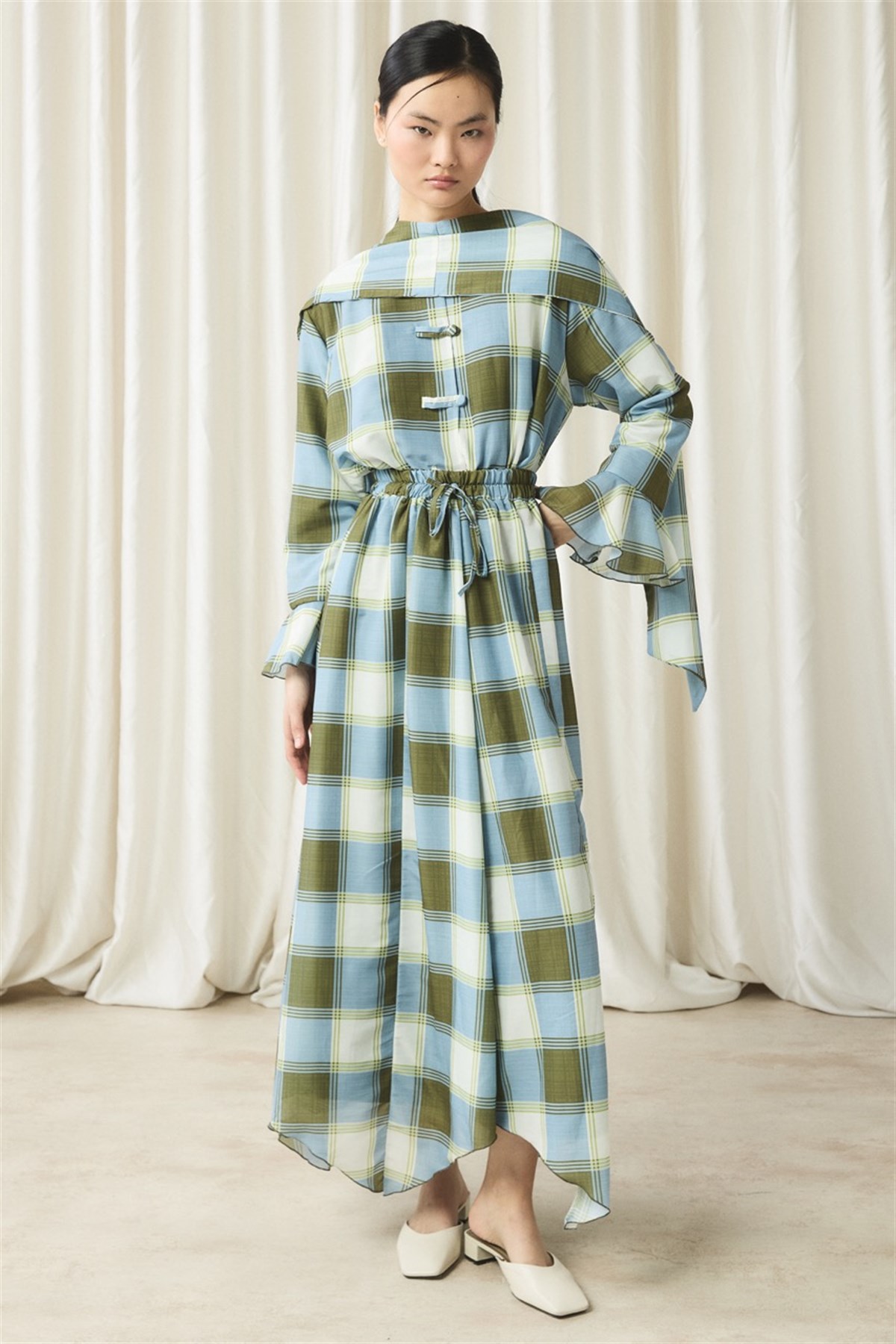 Ekose Yaka Detay Vual Etek Takım - Yeşil