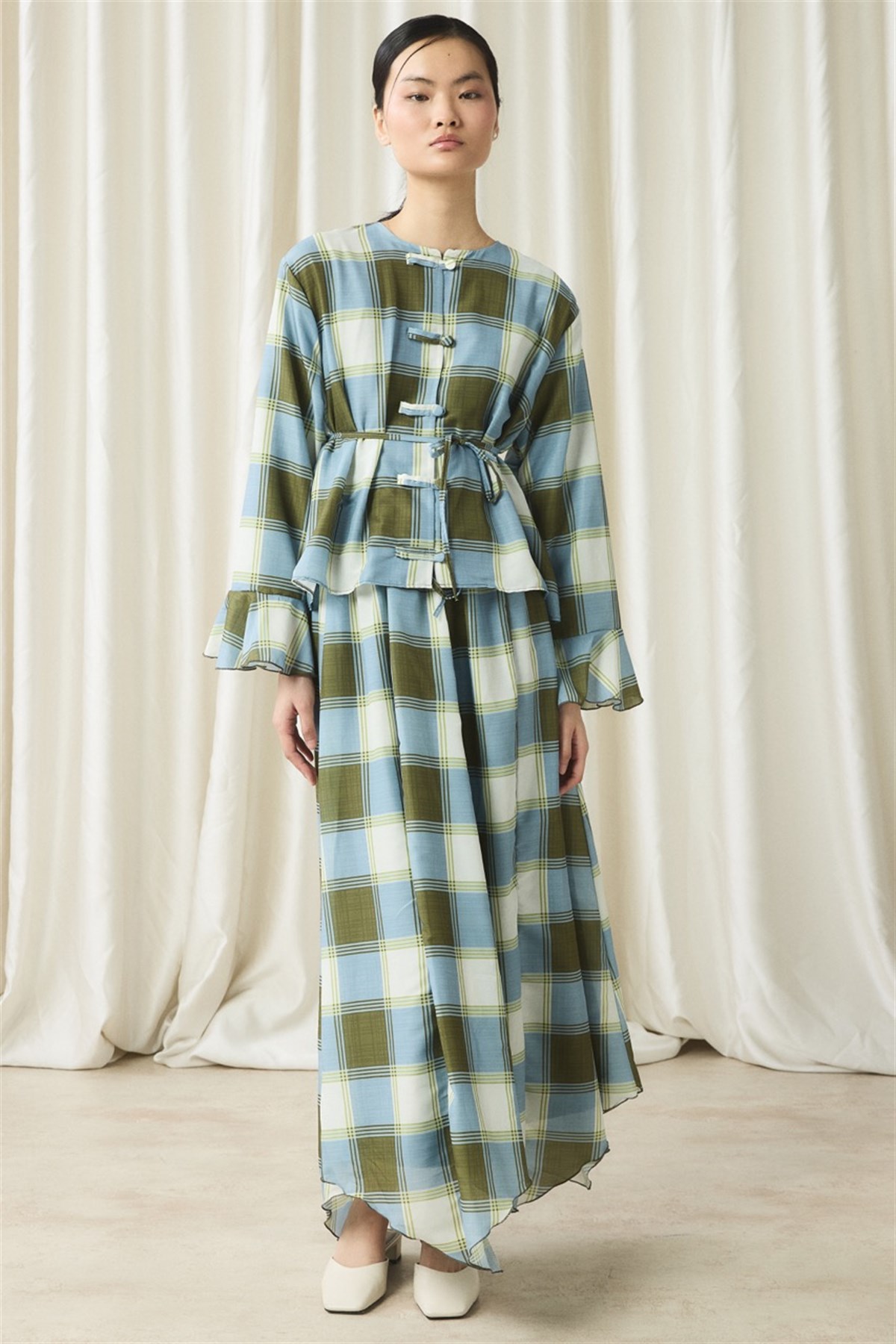 Ekose Yaka Detay Vual Etek Takım - Yeşil