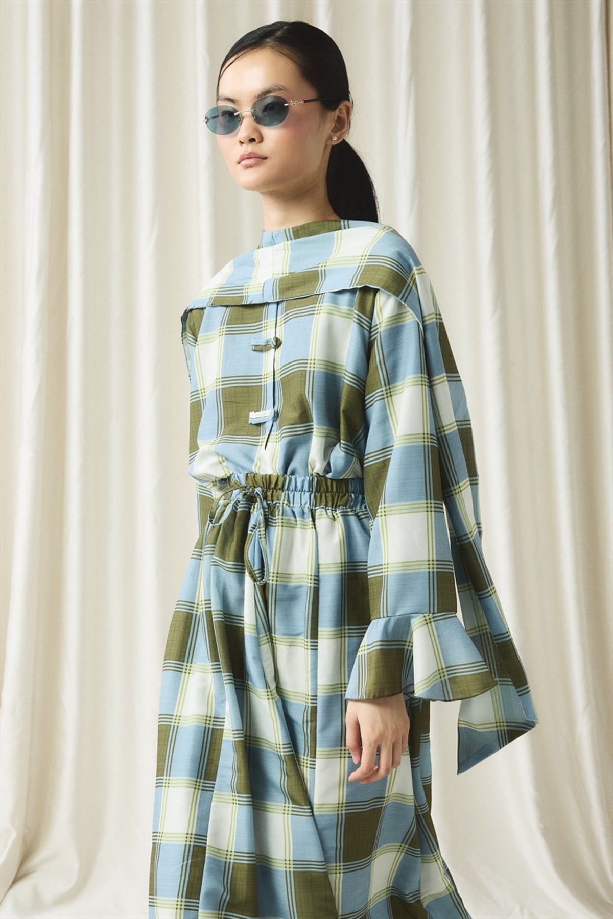 Ekose Yaka Detay Vual Etek Takım - Yeşil