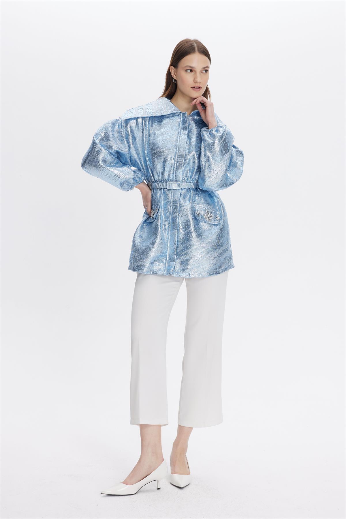 Enisa Jakar Fermuarlı Ceket - Mavi