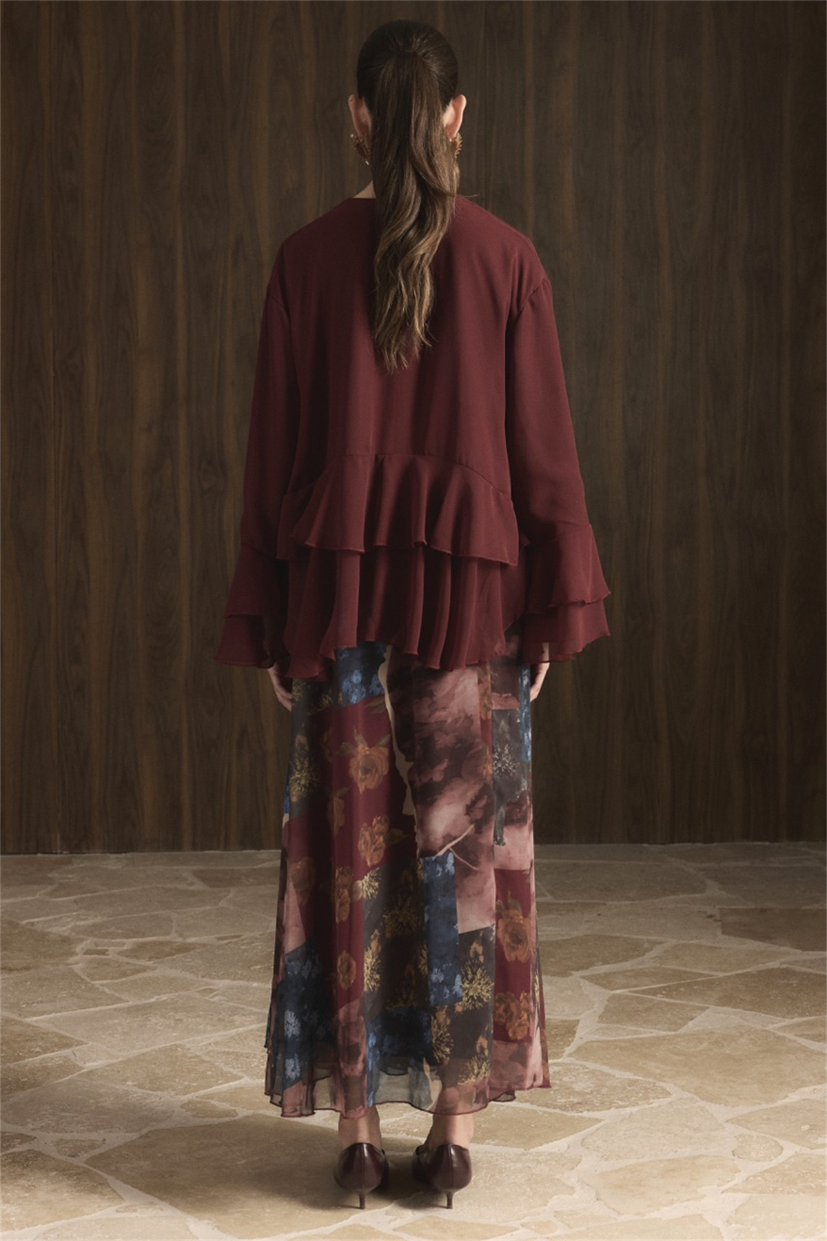 Etek Desenli Şifon Takım - Bordo