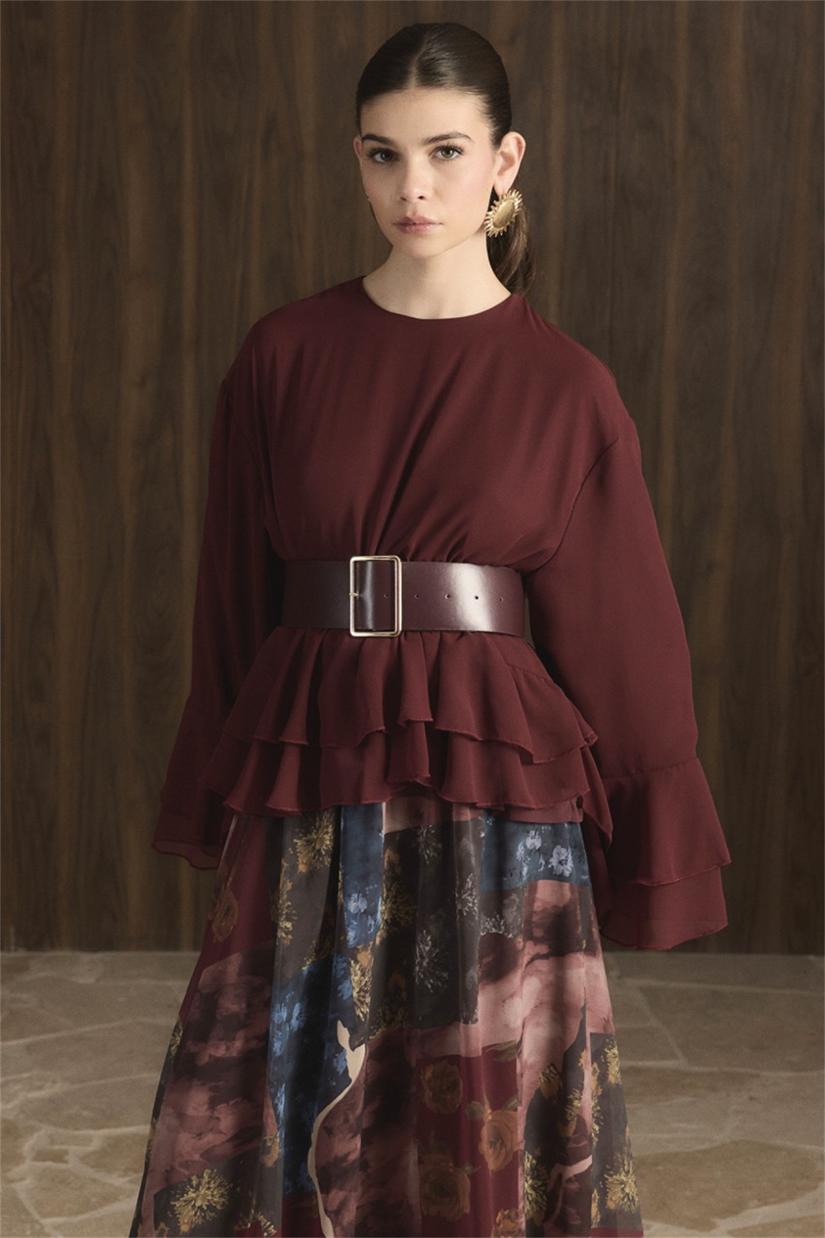 Etek Desenli Şifon Takım - Bordo