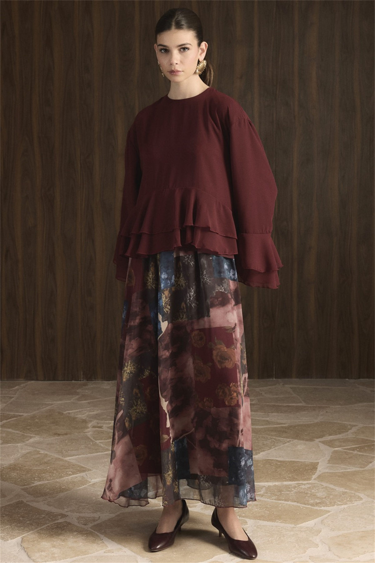 Etek Desenli Şifon Takım - Bordo