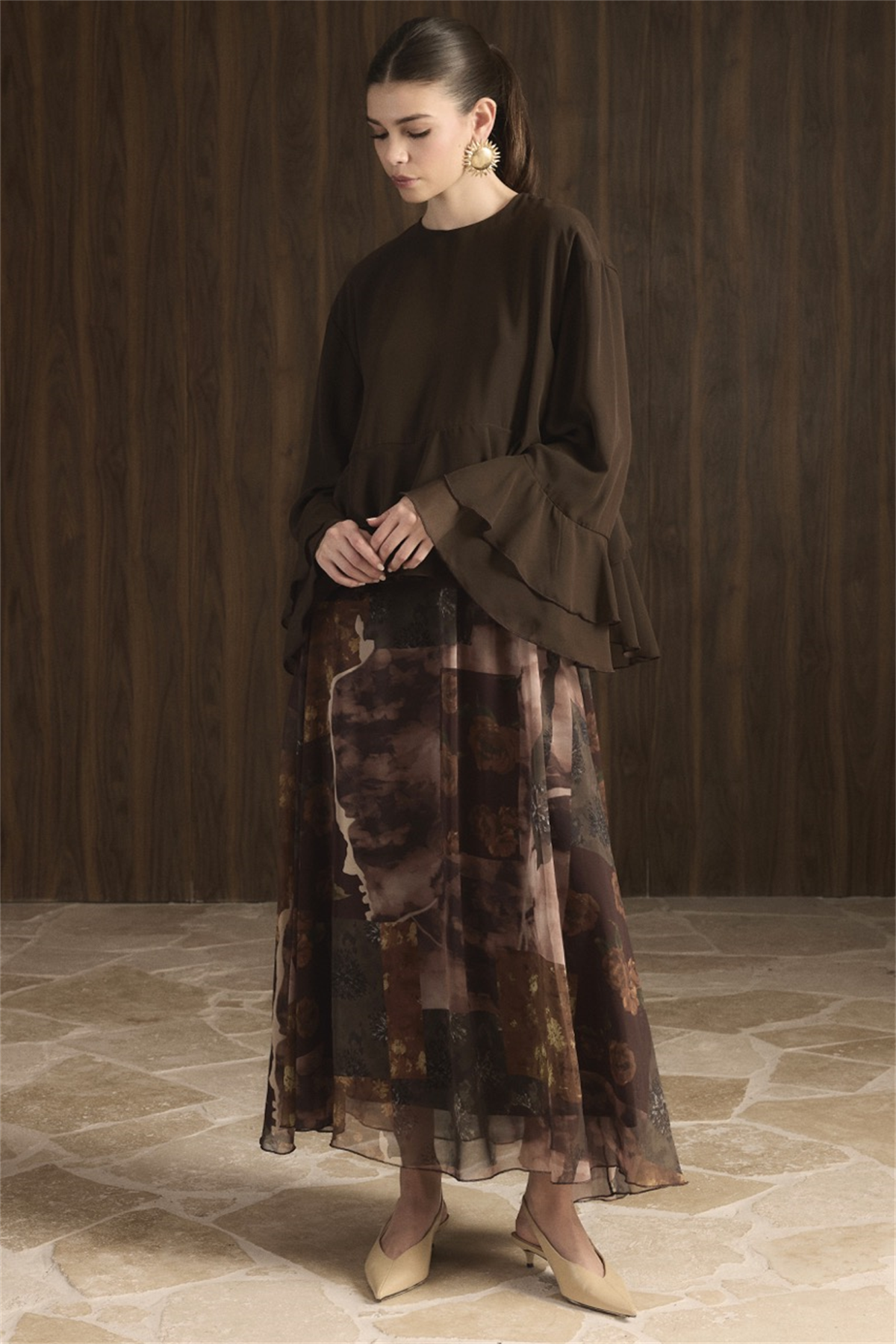 Etek Desenli Şifon Takım - Kahve