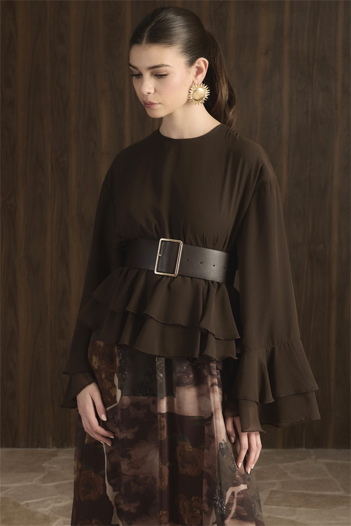 Etek Desenli Şifon Takım - Kahve