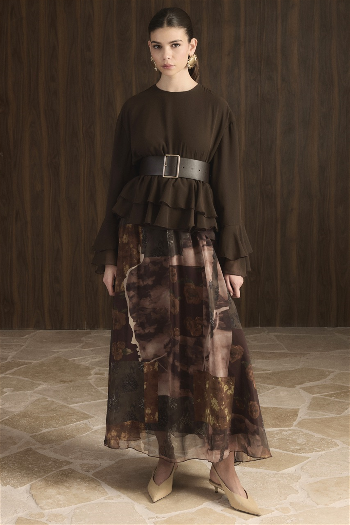 Etek Desenli Şifon Takım - Kahve