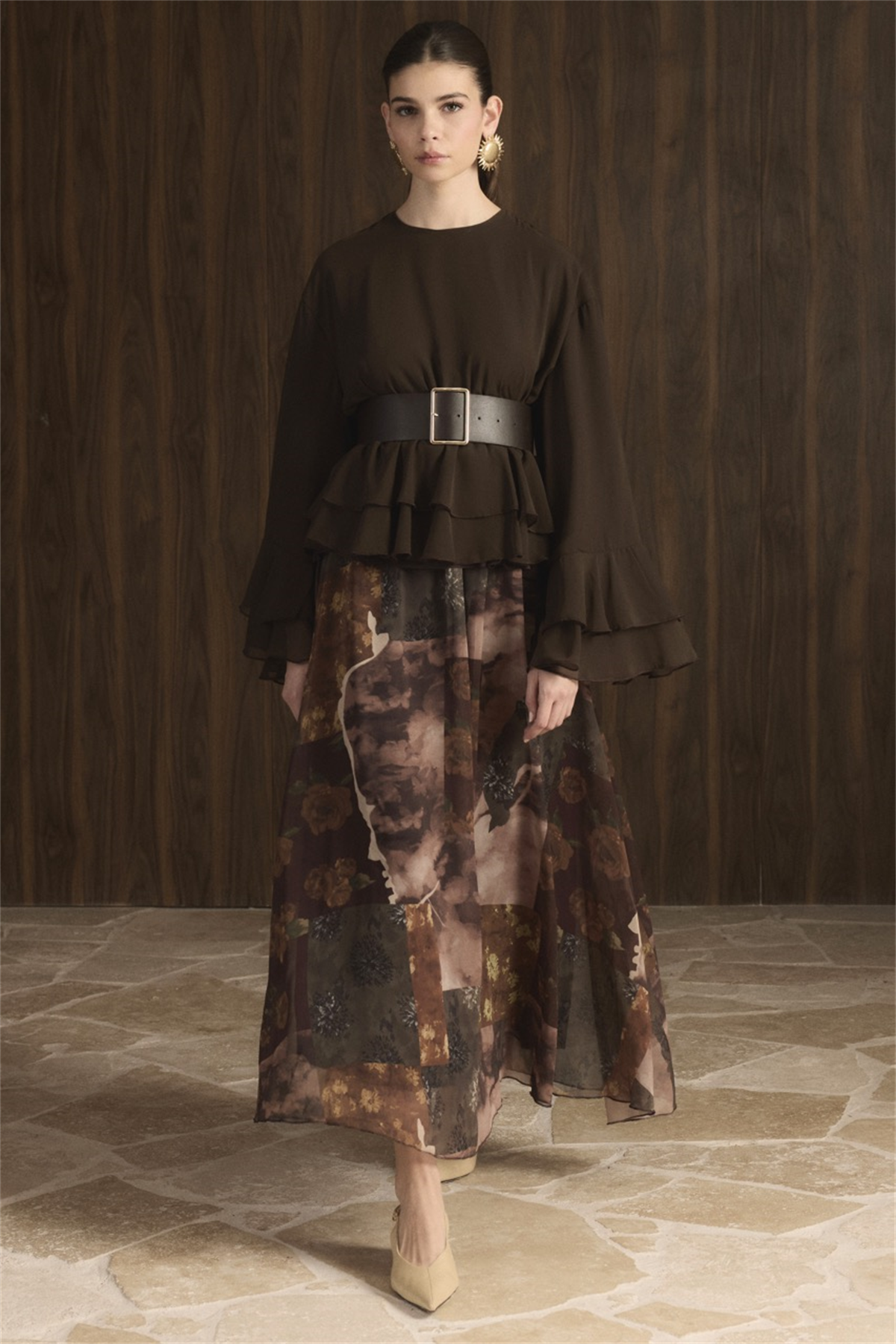 Etek Desenli Şifon Takım - Kahve