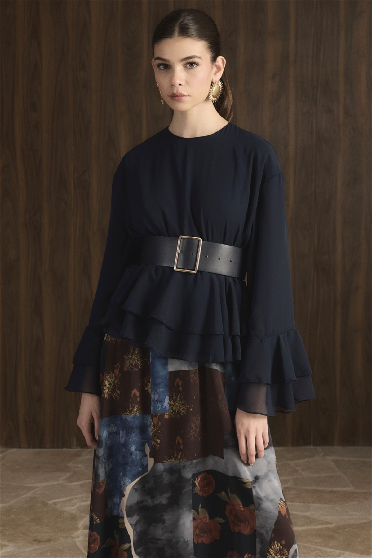 Etek Desenli Şifon Takım - Lacivert