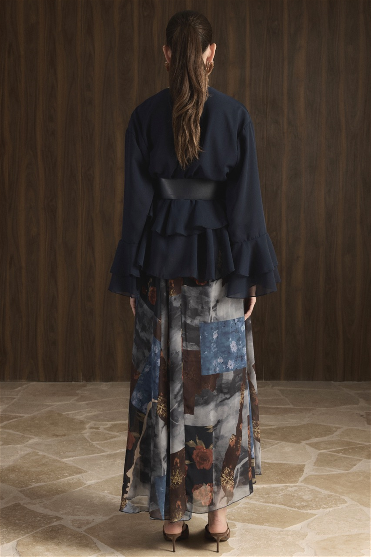 Etek Desenli Şifon Takım - Lacivert