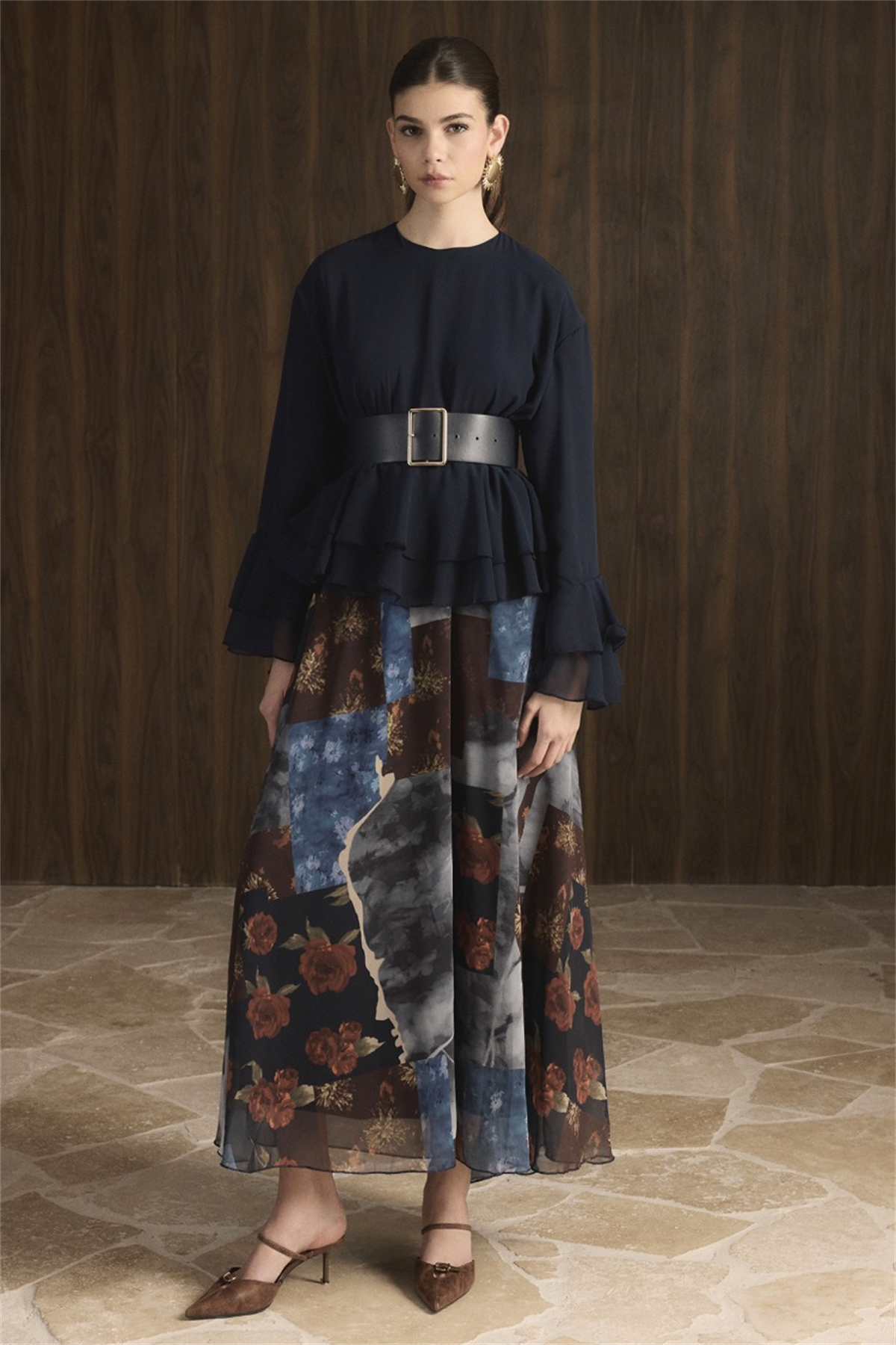 Etek Desenli Şifon Takım - Lacivert