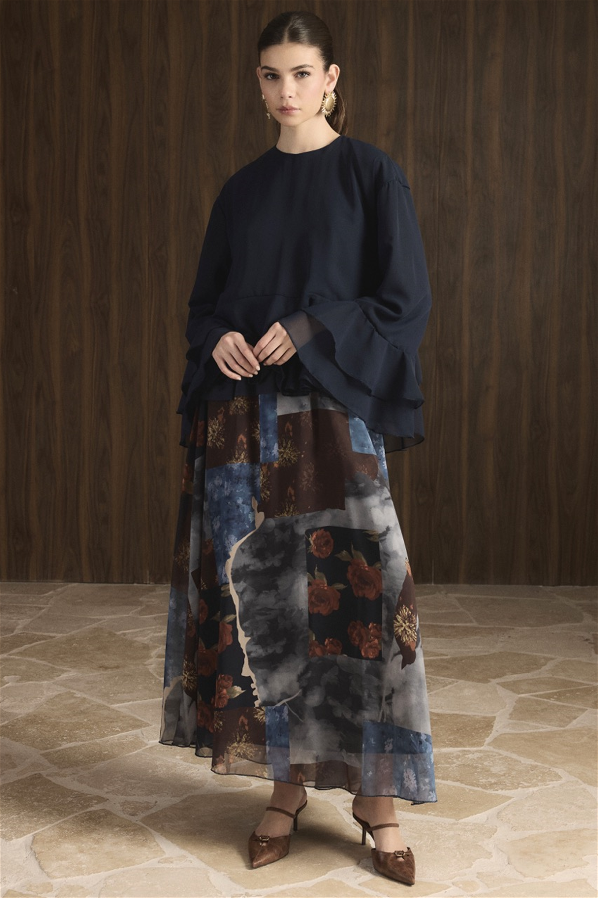 Etek Desenli Şifon Takım - Lacivert