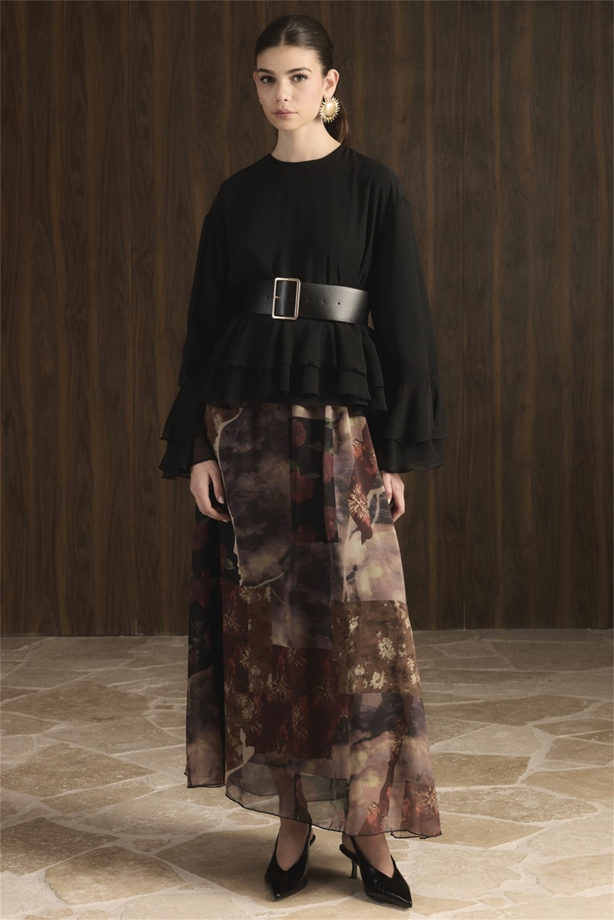 Etek Desenli Şifon Takım - Siyah