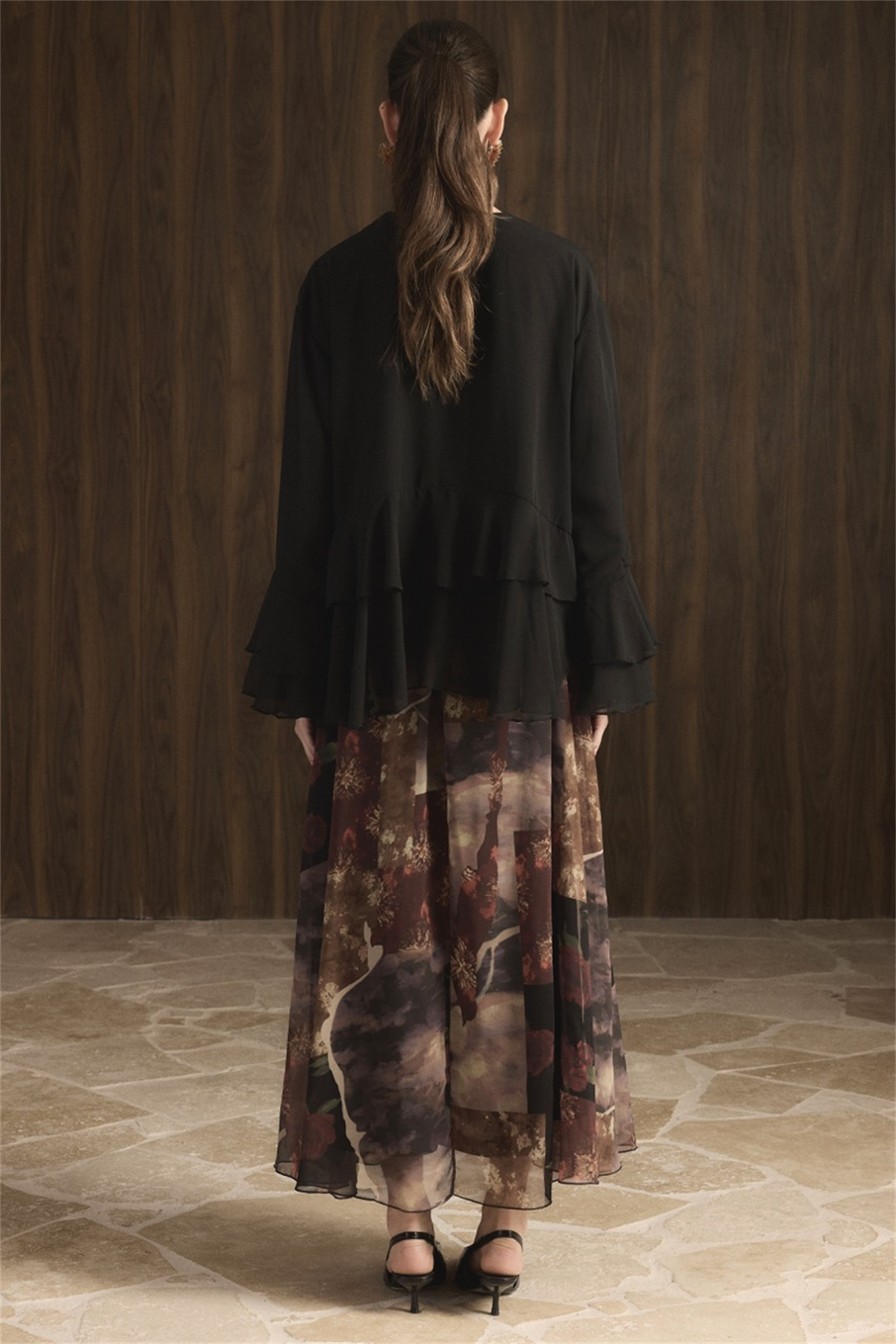 Etek Desenli Şifon Takım - Siyah