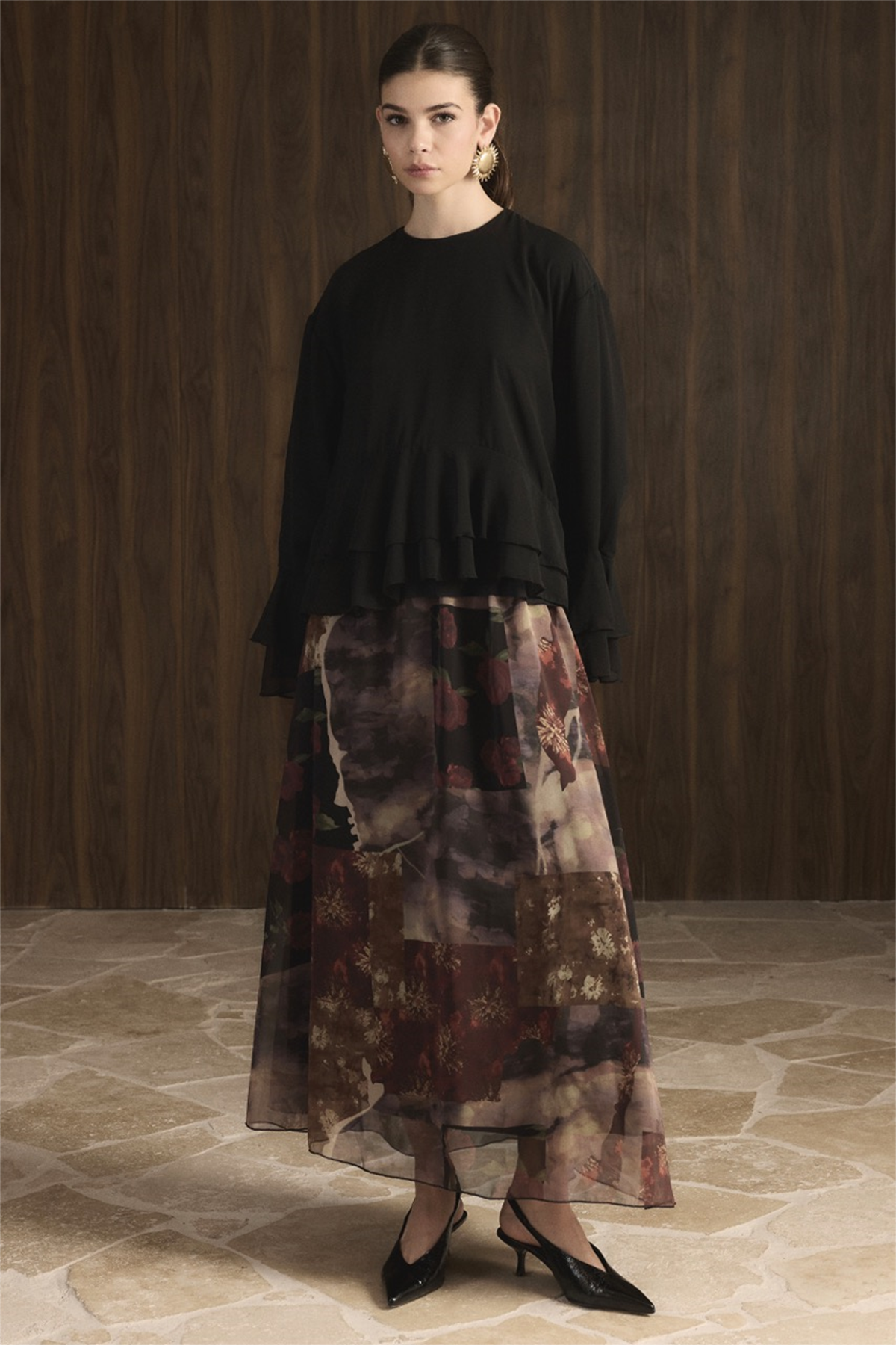 Etek Desenli Şifon Takım - Siyah