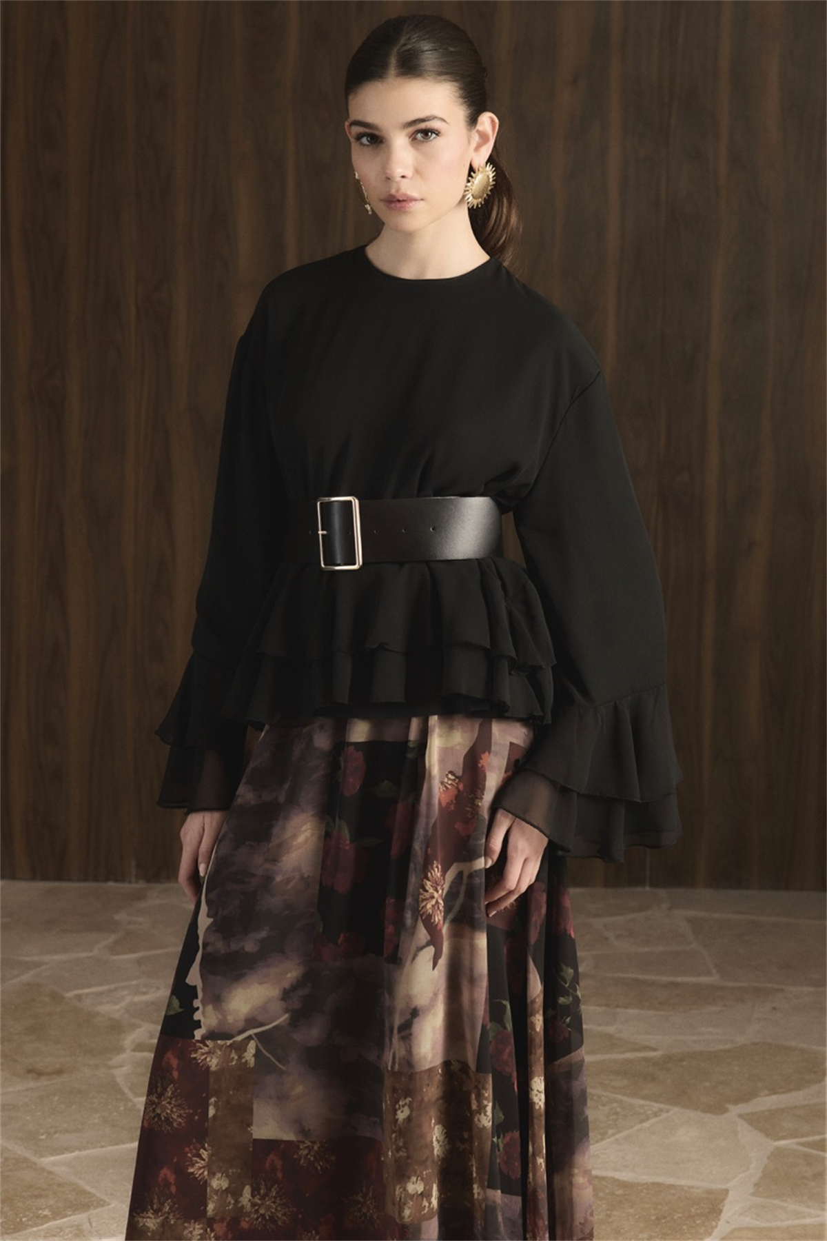 Etek Desenli Şifon Takım - Siyah