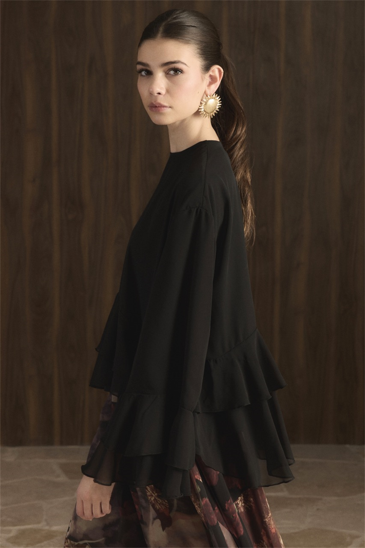 Etek Desenli Şifon Takım - Siyah