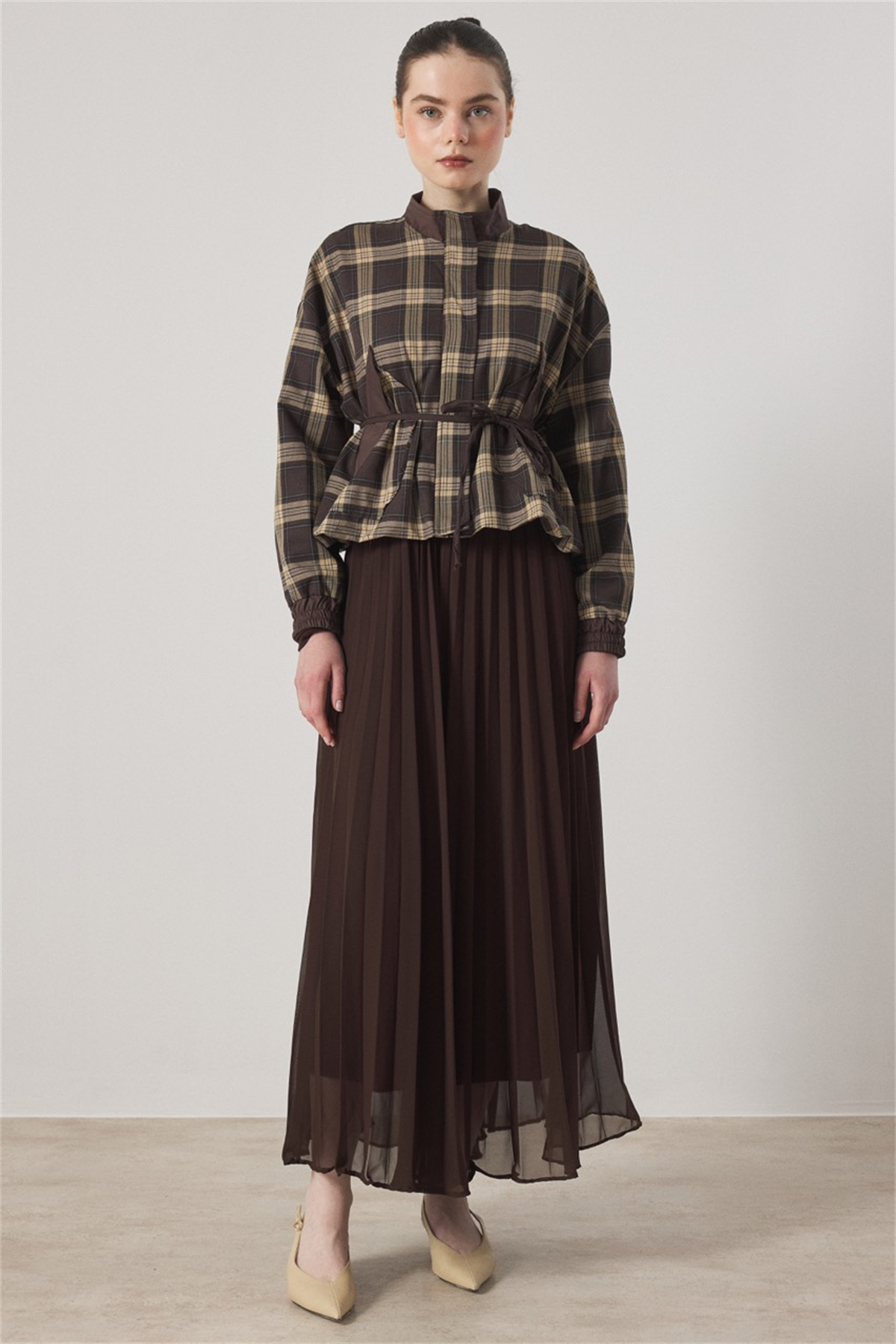 Etek Piliseli Ekose Takım - Kahve