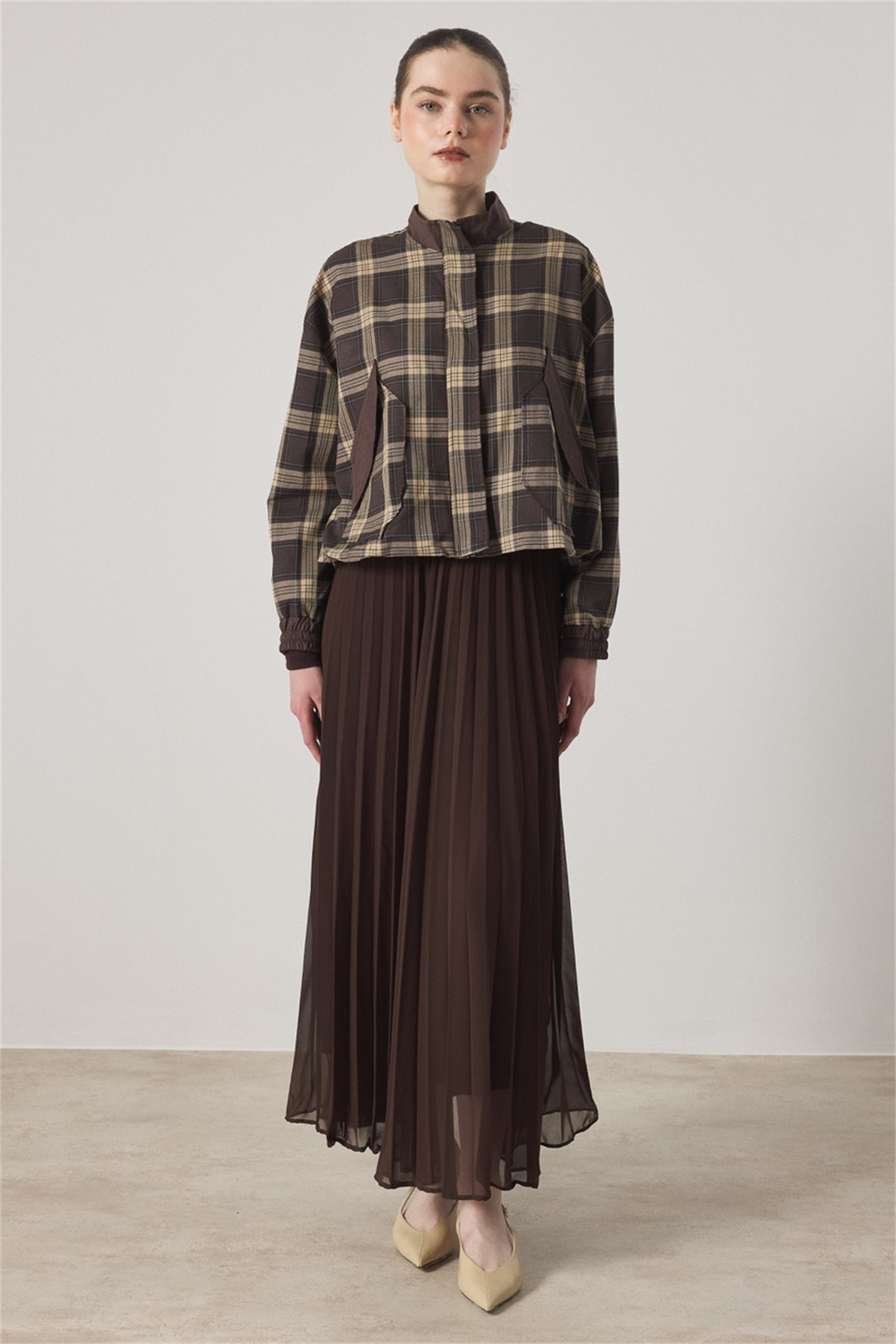 Etek Piliseli Ekose Takım - Kahve