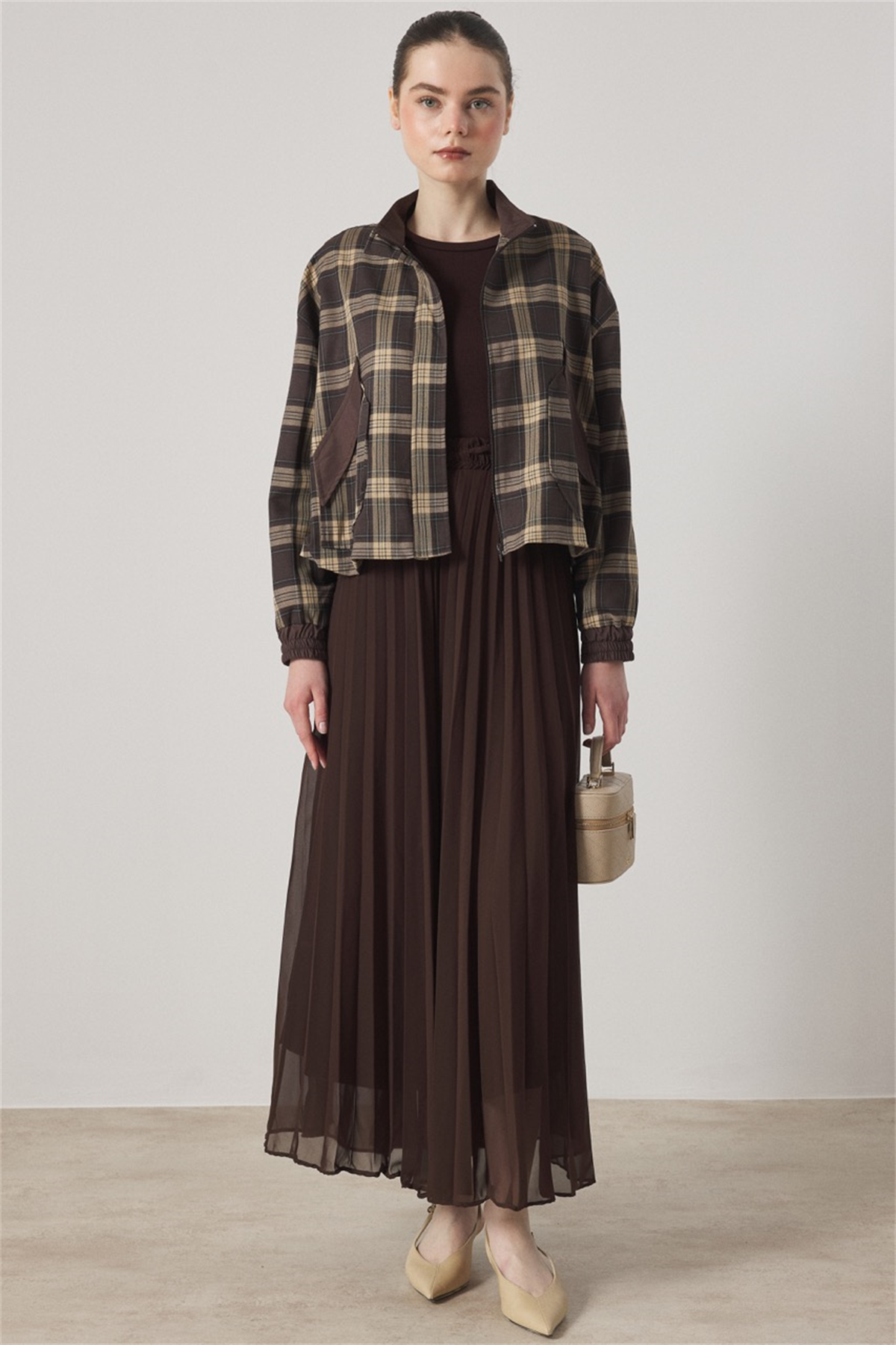 Etek Piliseli Ekose Takım - Kahve